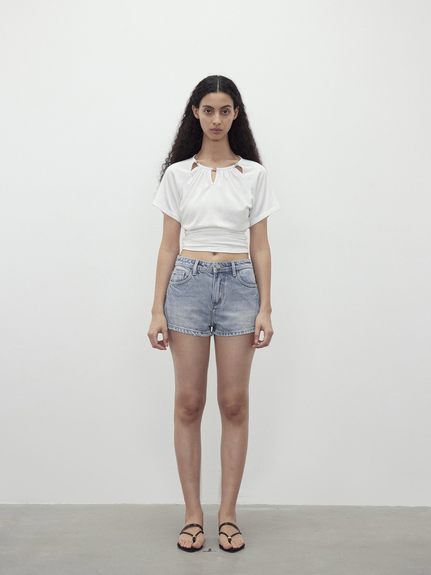 AFTADAWN Light Wash Distressed Raw Hem Low Waist Micro A Line Women&