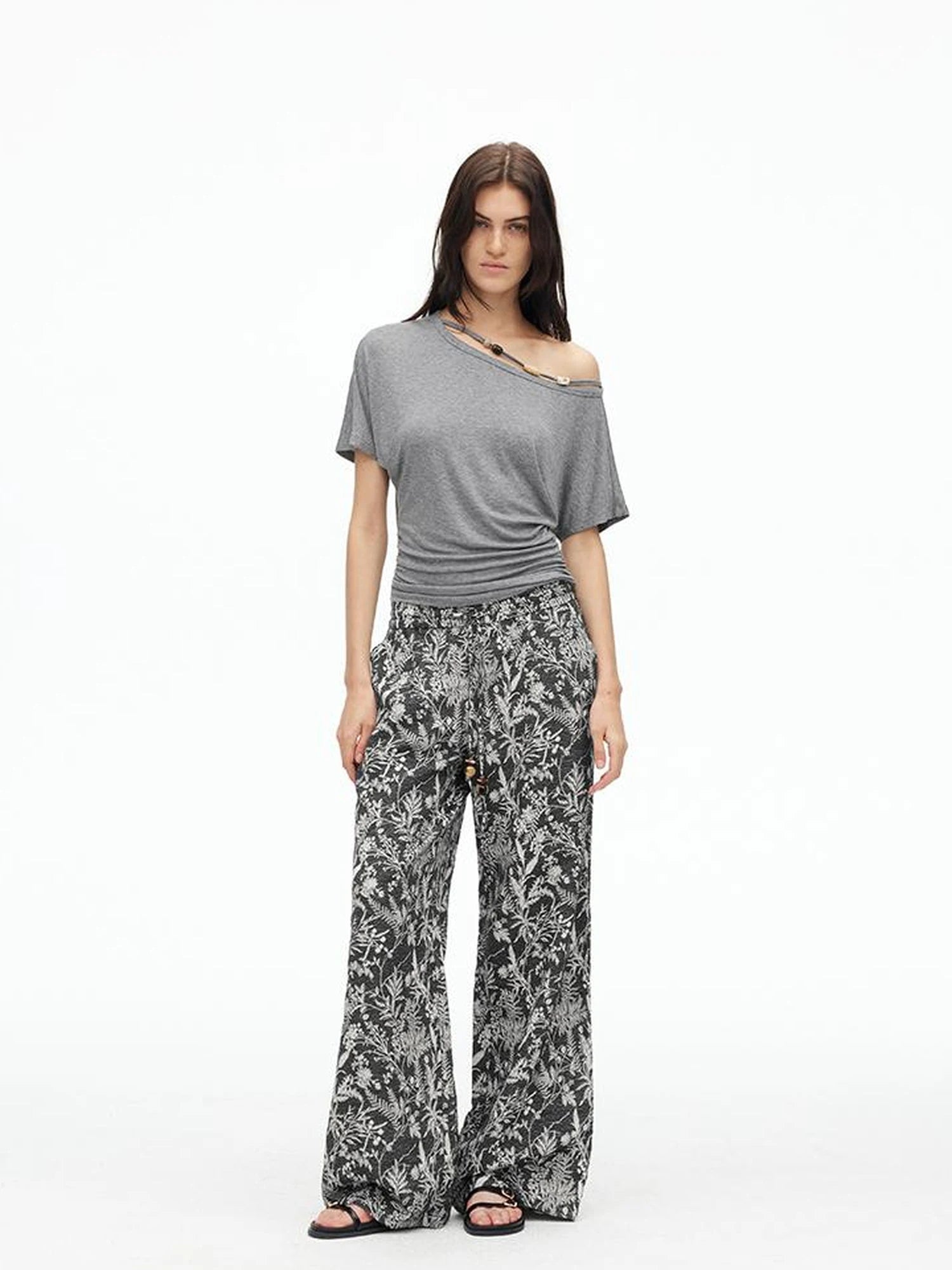 Linen Blend Textured Botanical Print Drawstring Beaded Waist Pants