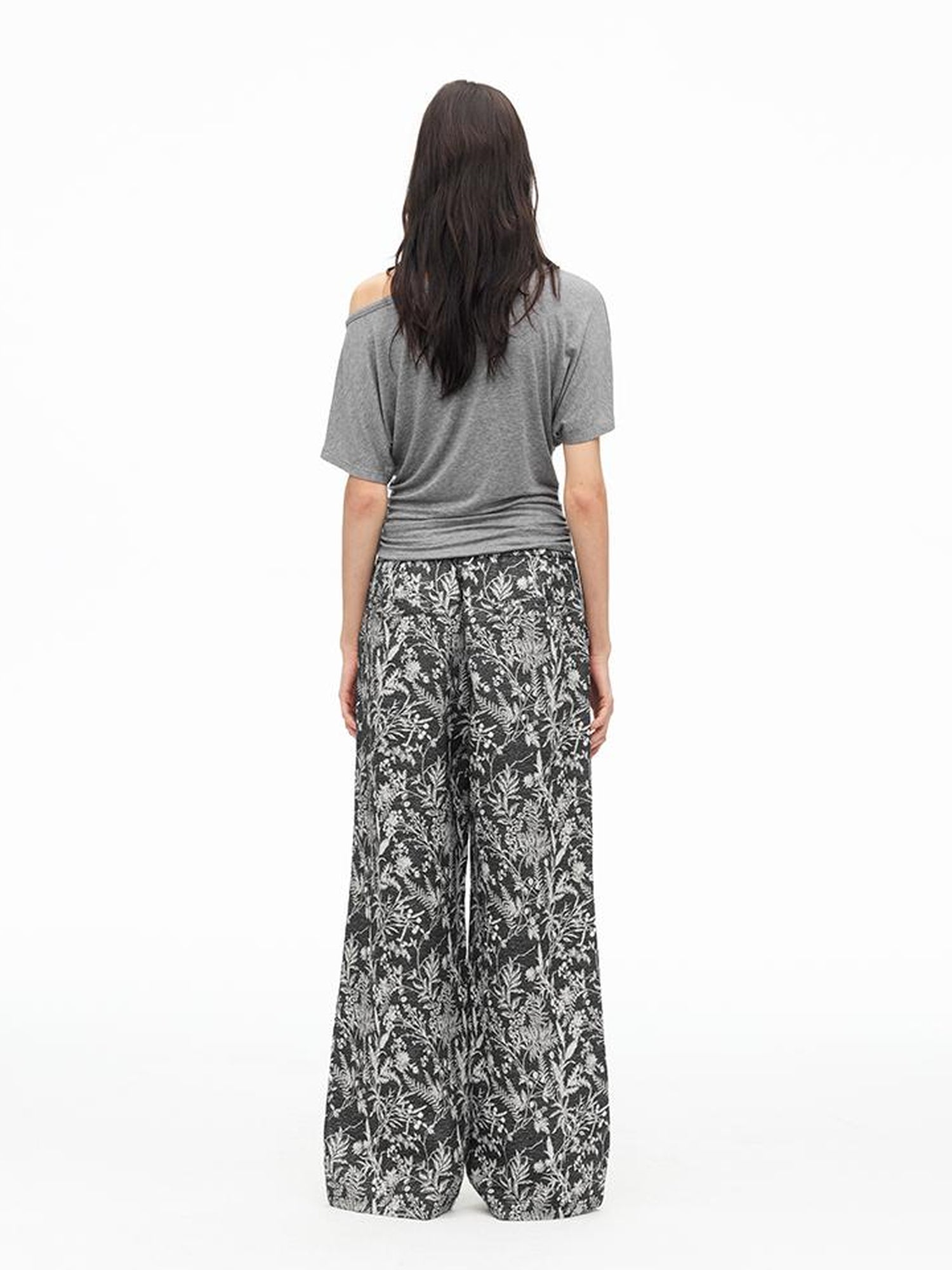 AFTADAWN Linen Blend Textured Botanical Print Drawstring Beaded Waist Pants