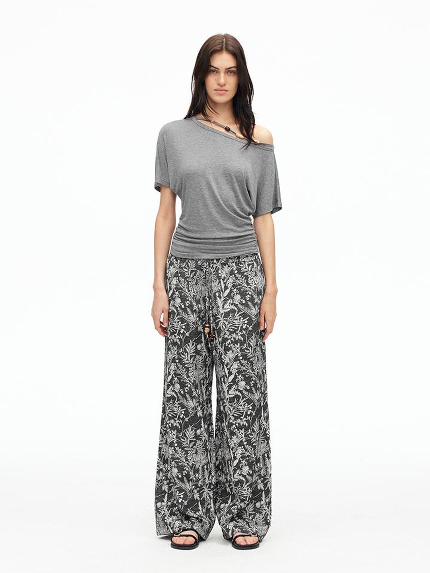 AFTADAWN Linen Blend Textured Botanical Print Drawstring Beaded Waist Pants