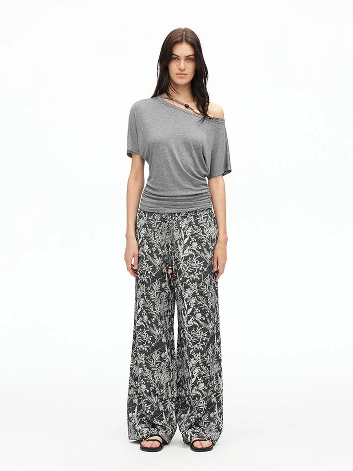 Linen Blend Textured Botanical Print Drawstring Beaded Waist Pants