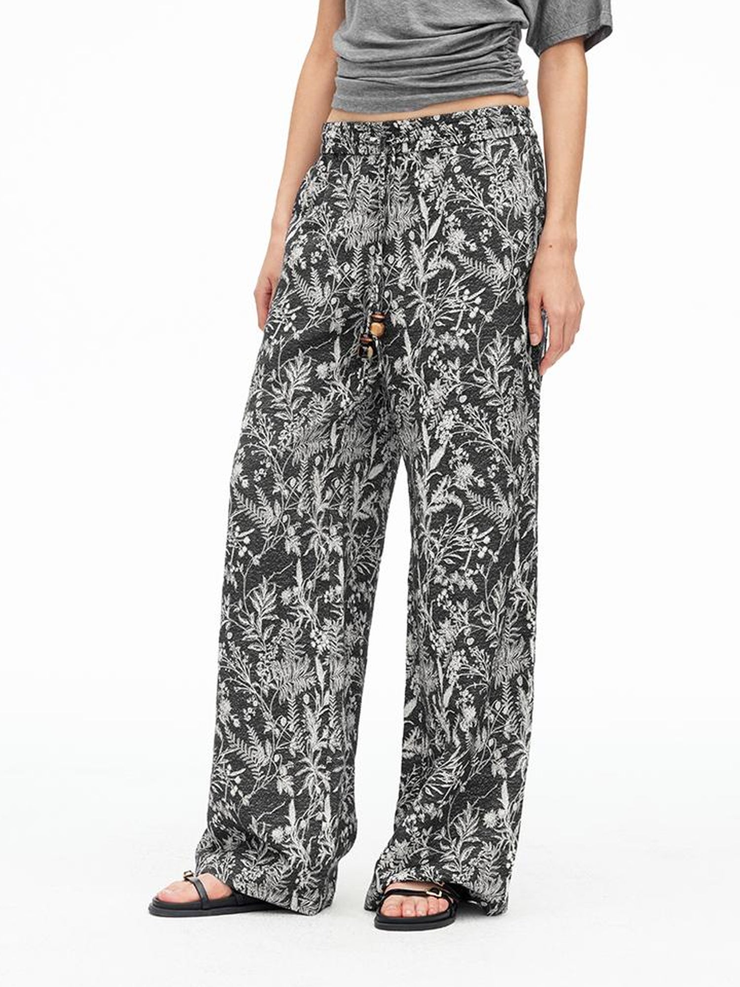 AFTADAWN Linen Blend Textured Botanical Print Drawstring Beaded Waist Pants