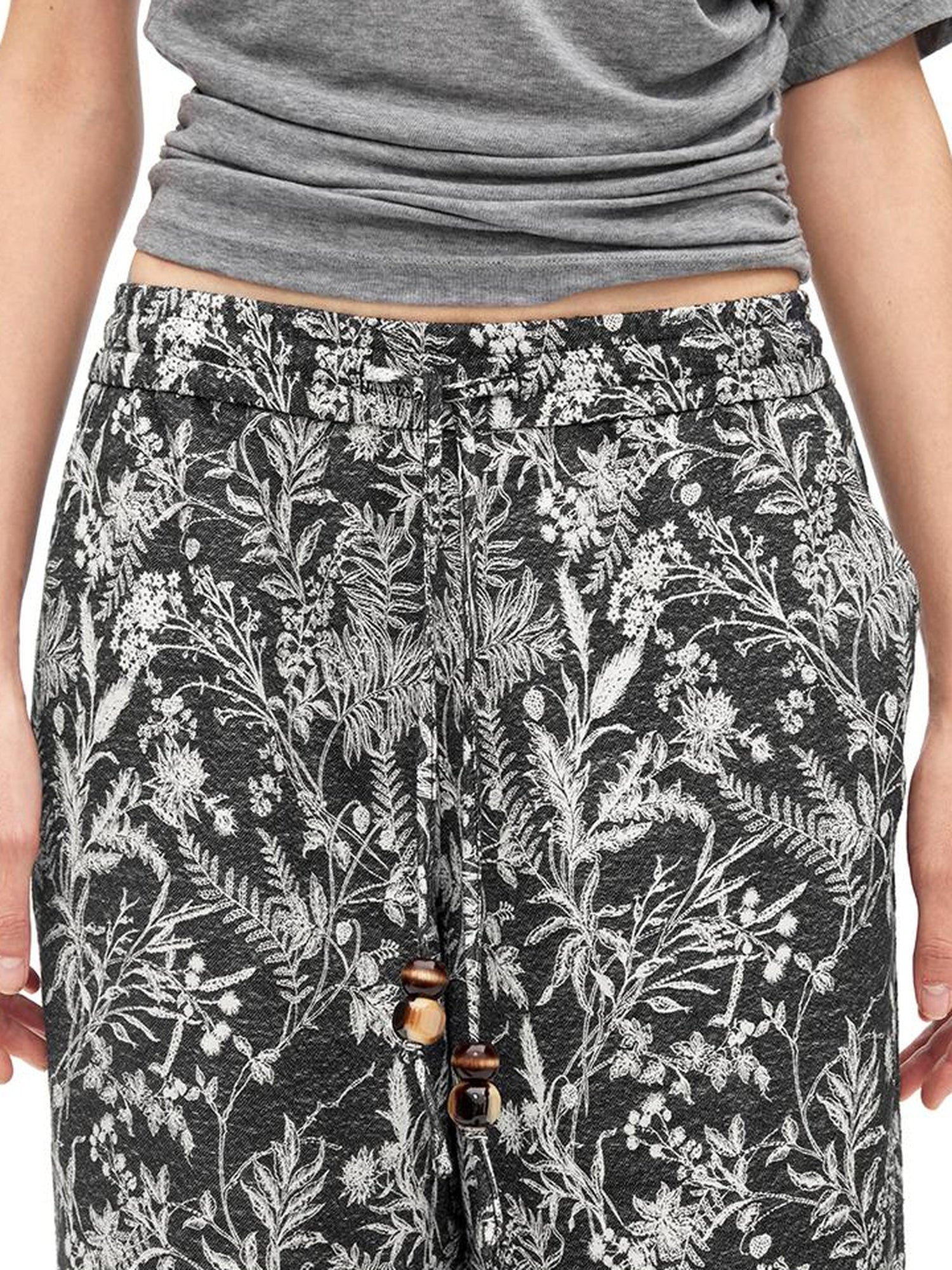 AFTADAWN Linen Blend Textured Botanical Print Drawstring Beaded Waist Pants