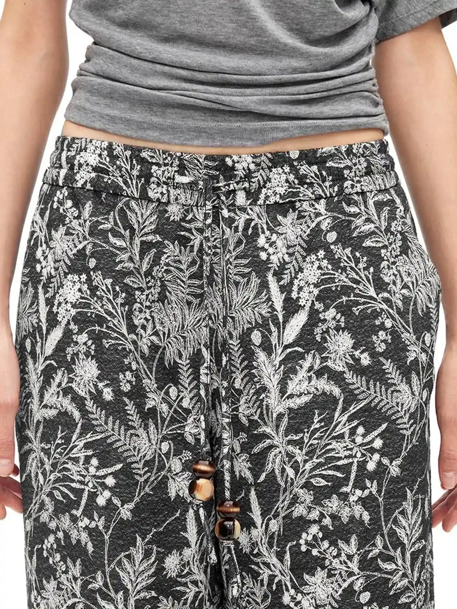 Linen Blend Textured Botanical Print Drawstring Beaded Waist Pants