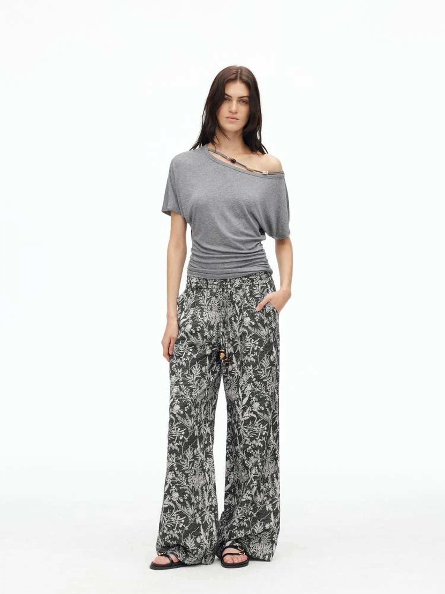 Linen Blend Textured Botanical Print Drawstring Beaded Waist Pants