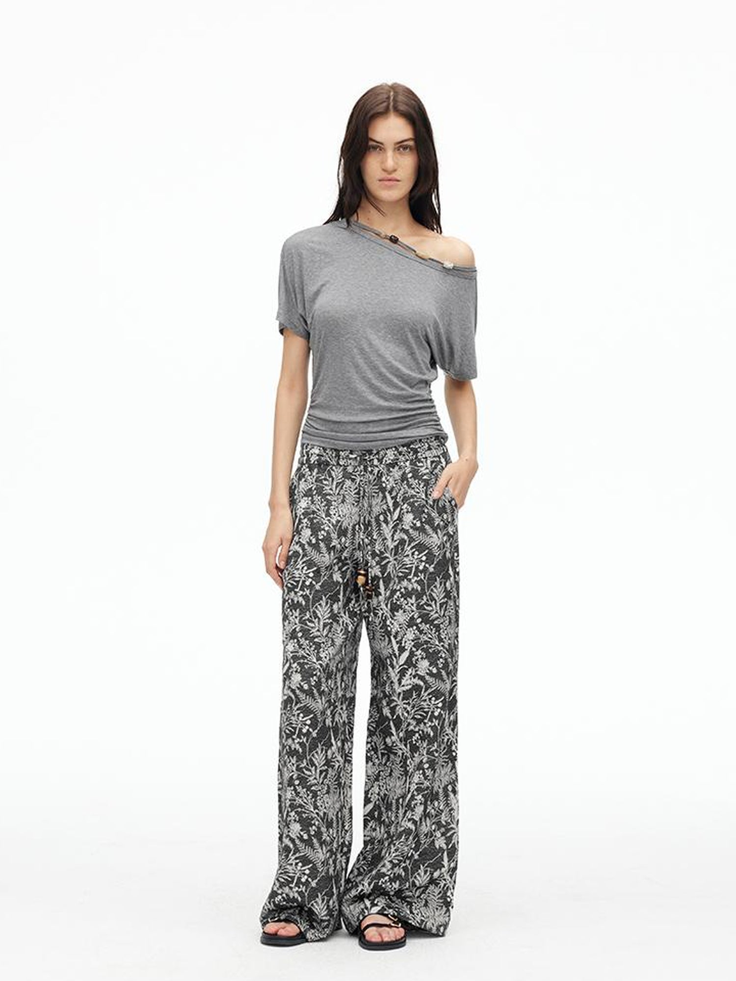 AFTADAWN Linen Blend Textured Botanical Print Drawstring Beaded Waist Pants