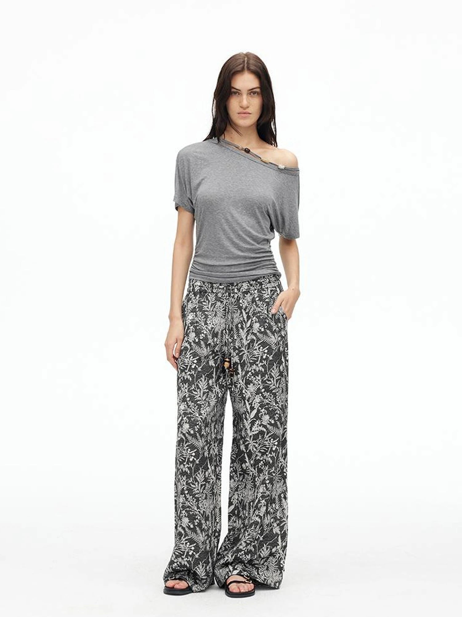 Linen Blend Textured Botanical Print Drawstring Beaded Waist Pants