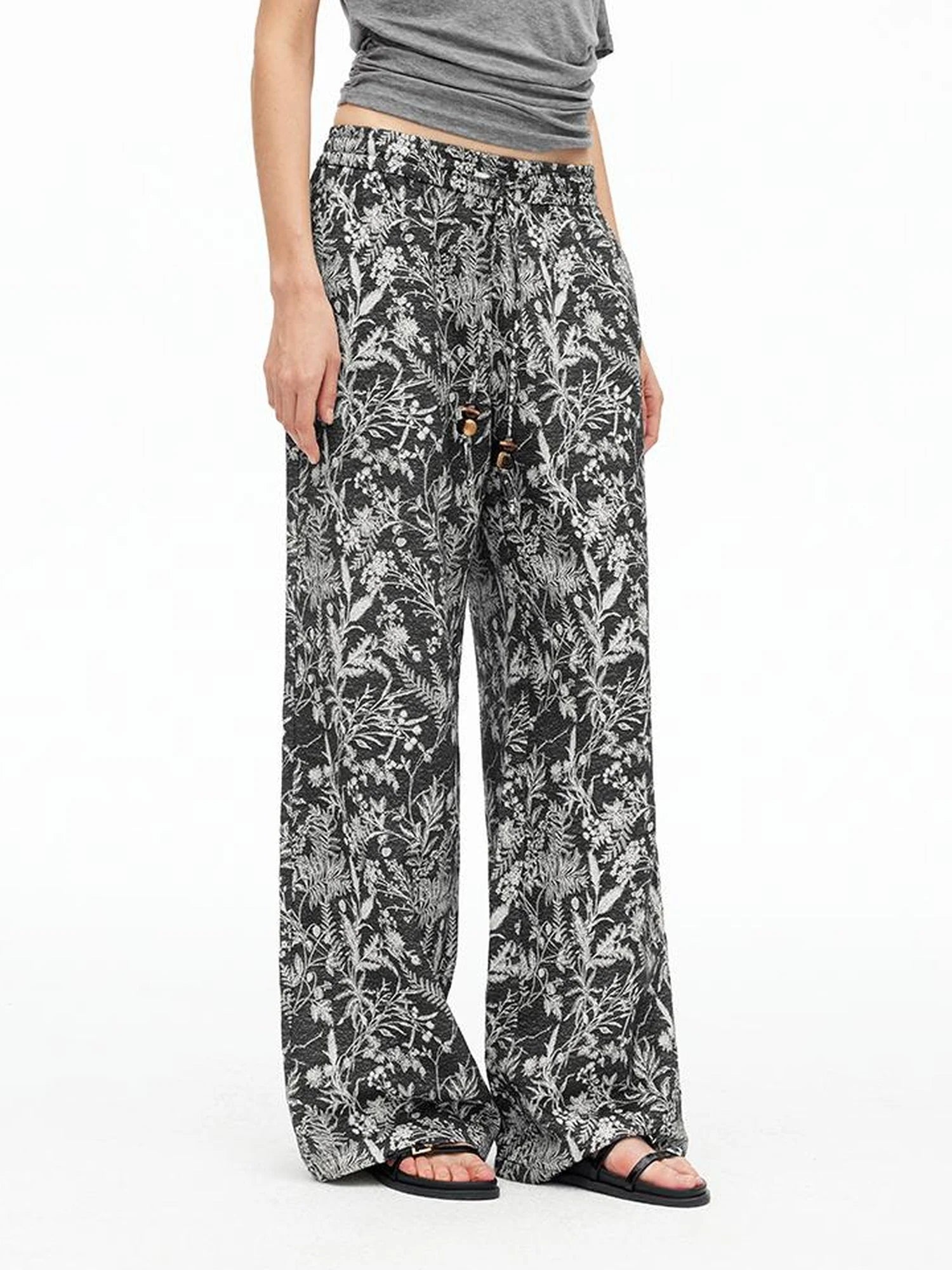 Linen Blend Textured Botanical Print Drawstring Beaded Waist Pants