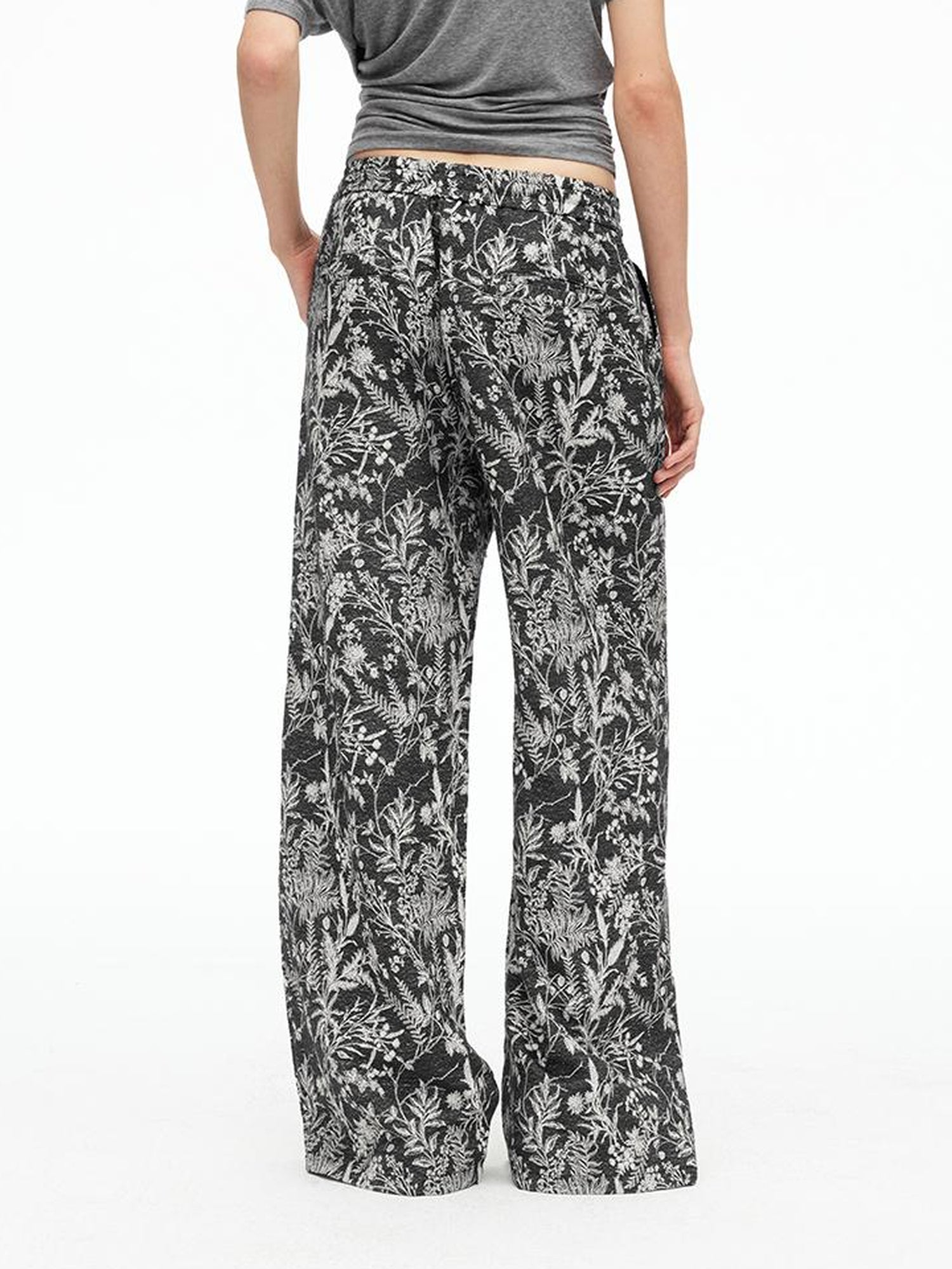 AFTADAWN Linen Blend Textured Botanical Print Drawstring Beaded Waist Pants