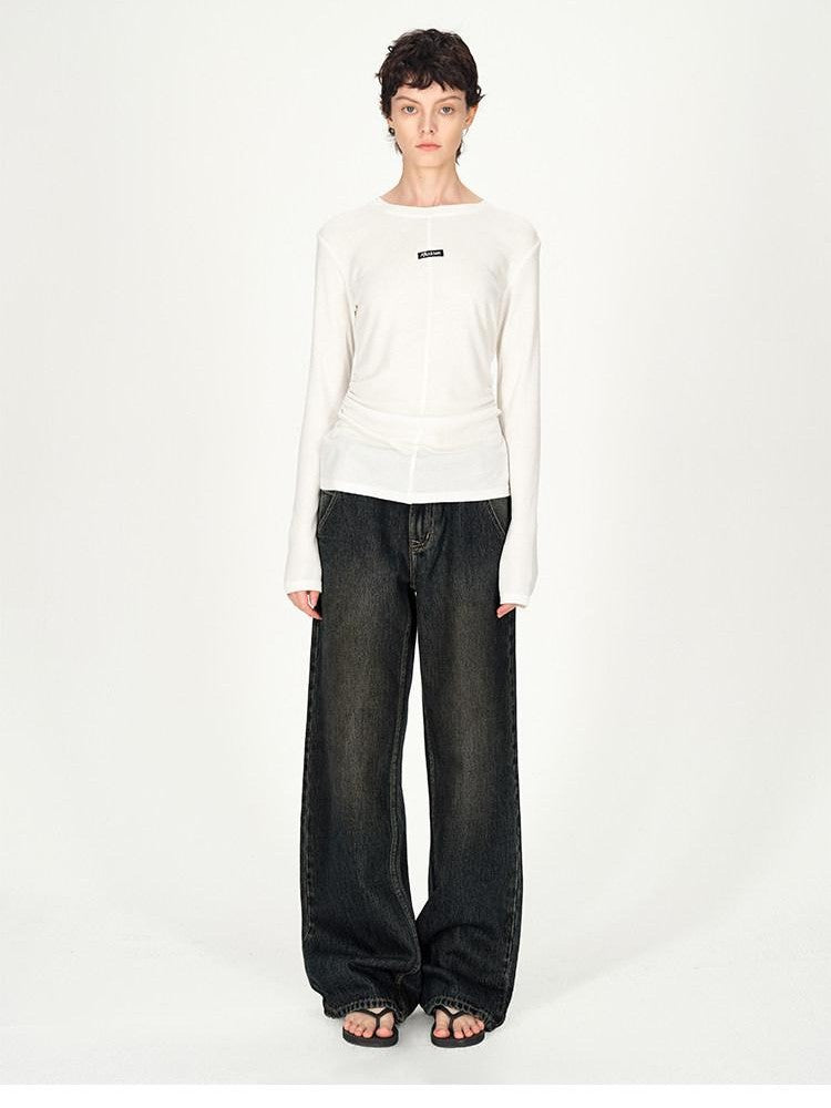 AFTADAWN Logo Embroidery Ruched Waist Round Neck Women&