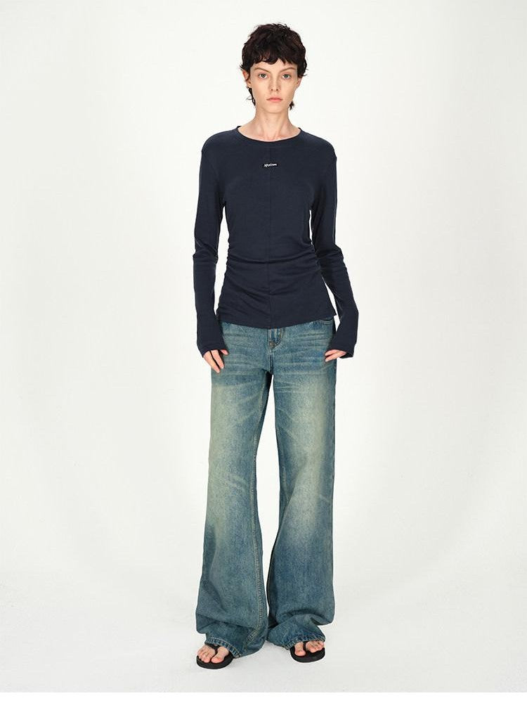AFTADAWN Logo Embroidery Ruched Waist Round Neck Women&