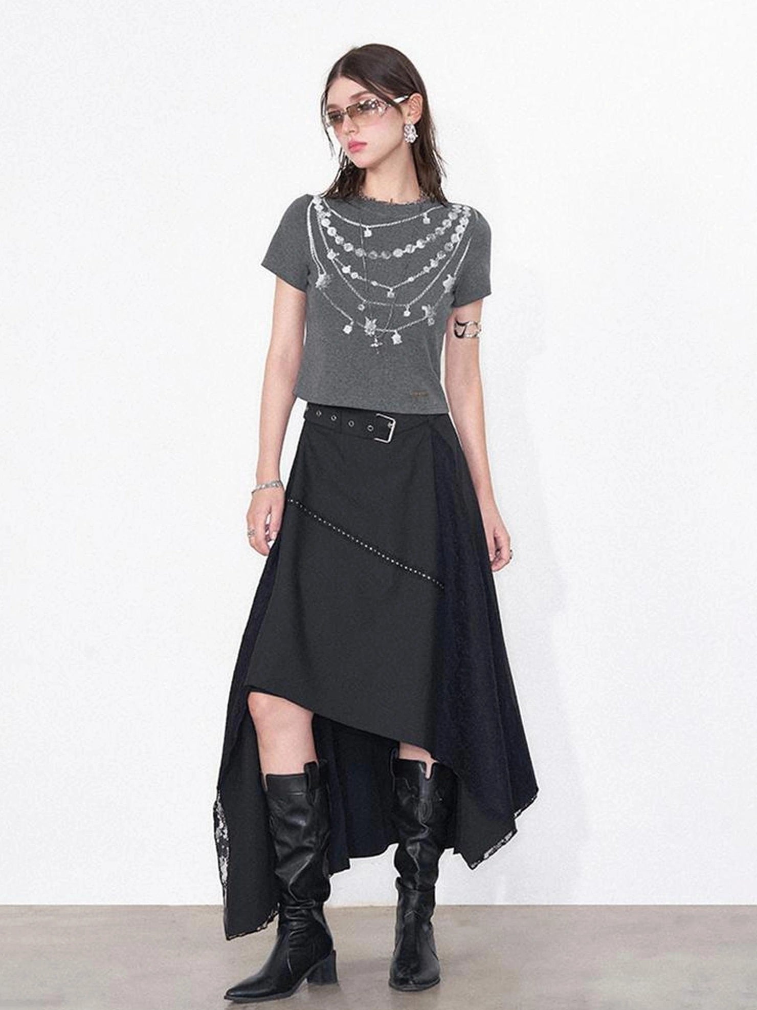 AFTADAWN Lost Necklace Print Tee Asymmetric Lace Skirt T-shirt