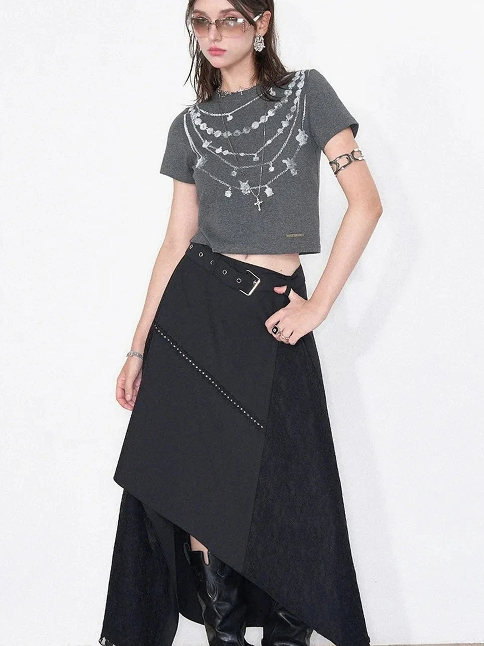 AFTADAWN Lost Necklace Print Tee Asymmetric Lace Skirt T-shirt