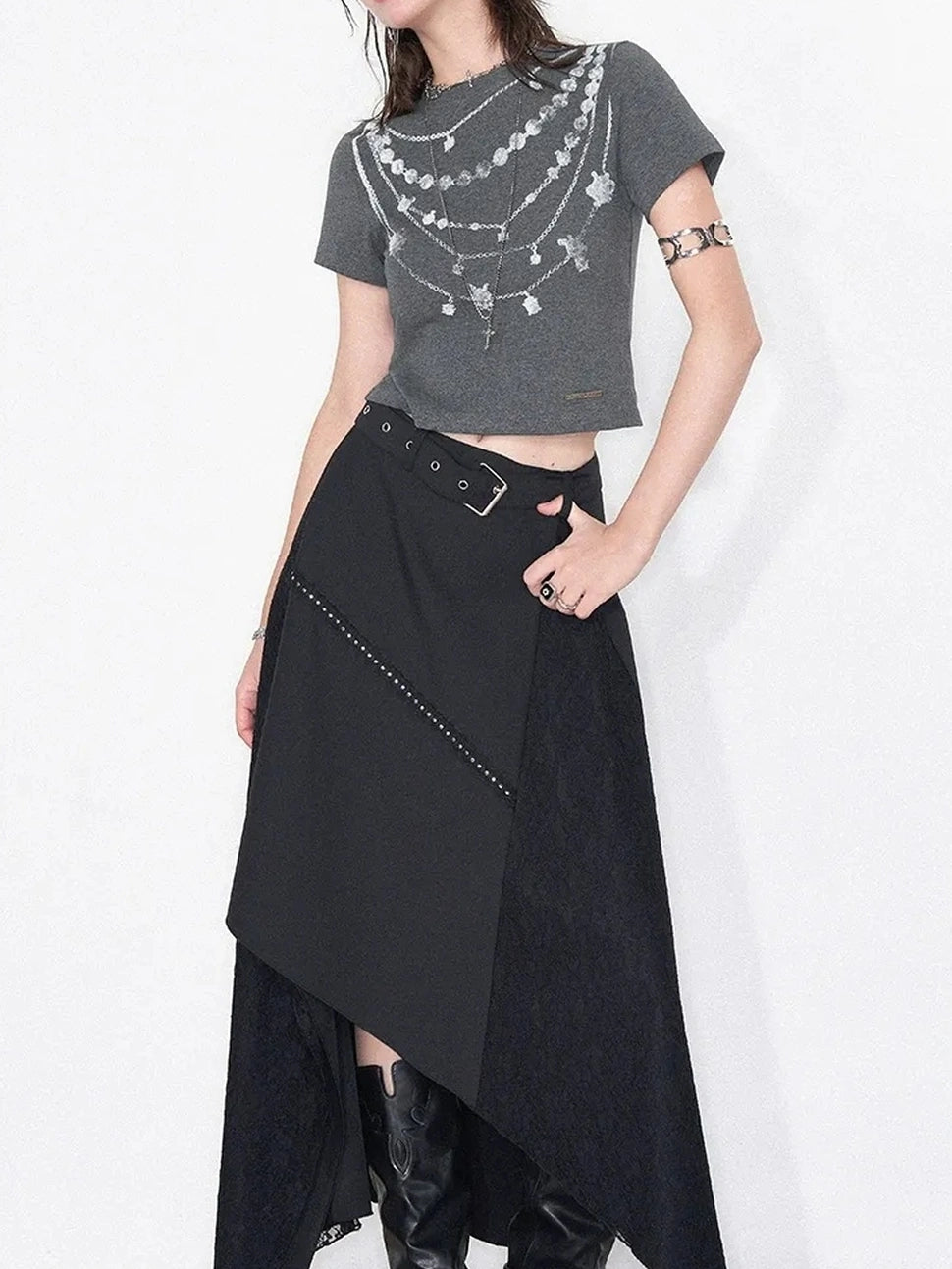 AFTADAWN Lost Necklace Print Tee Asymmetric Lace Skirt T-shirt