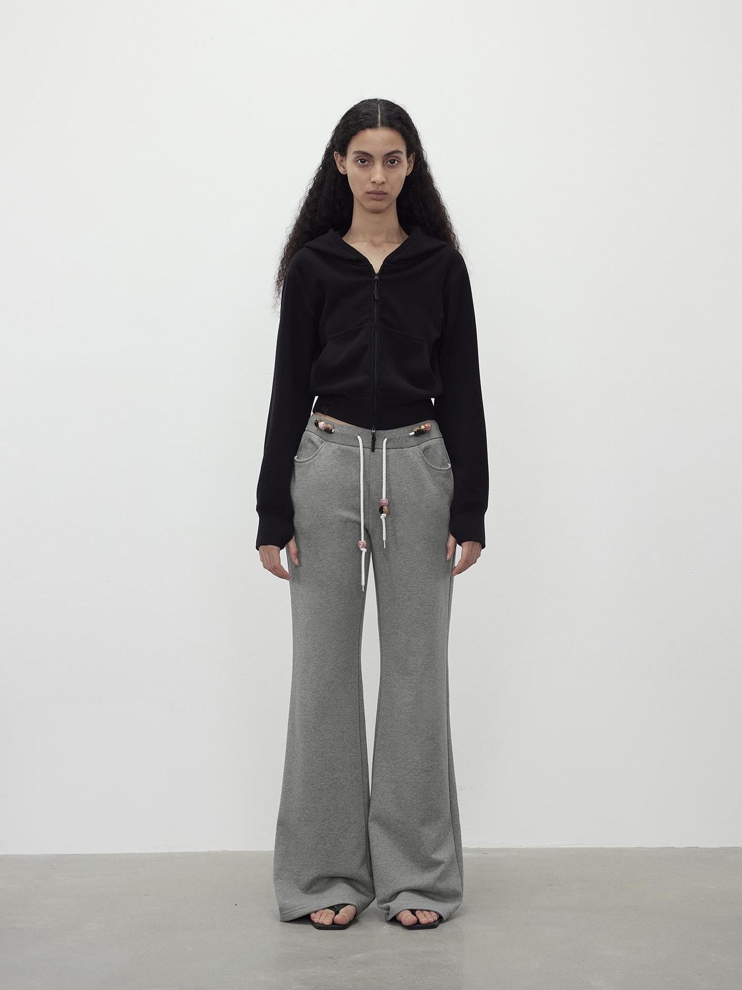 AFTADAWN Low Rise Soft Cotton Flared Joggers with Beaded Drawstring