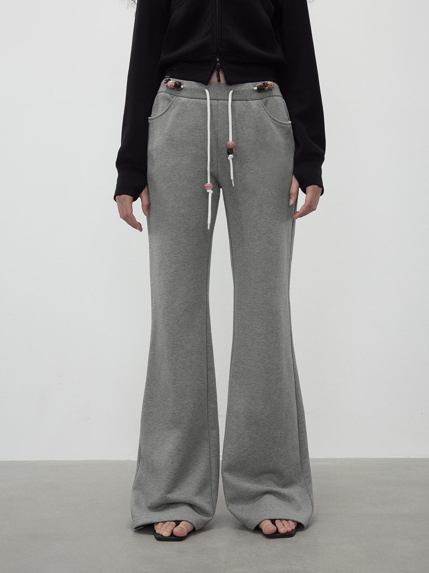 AFTADAWN Low Rise Soft Cotton Flared Joggers with Beaded Drawstring