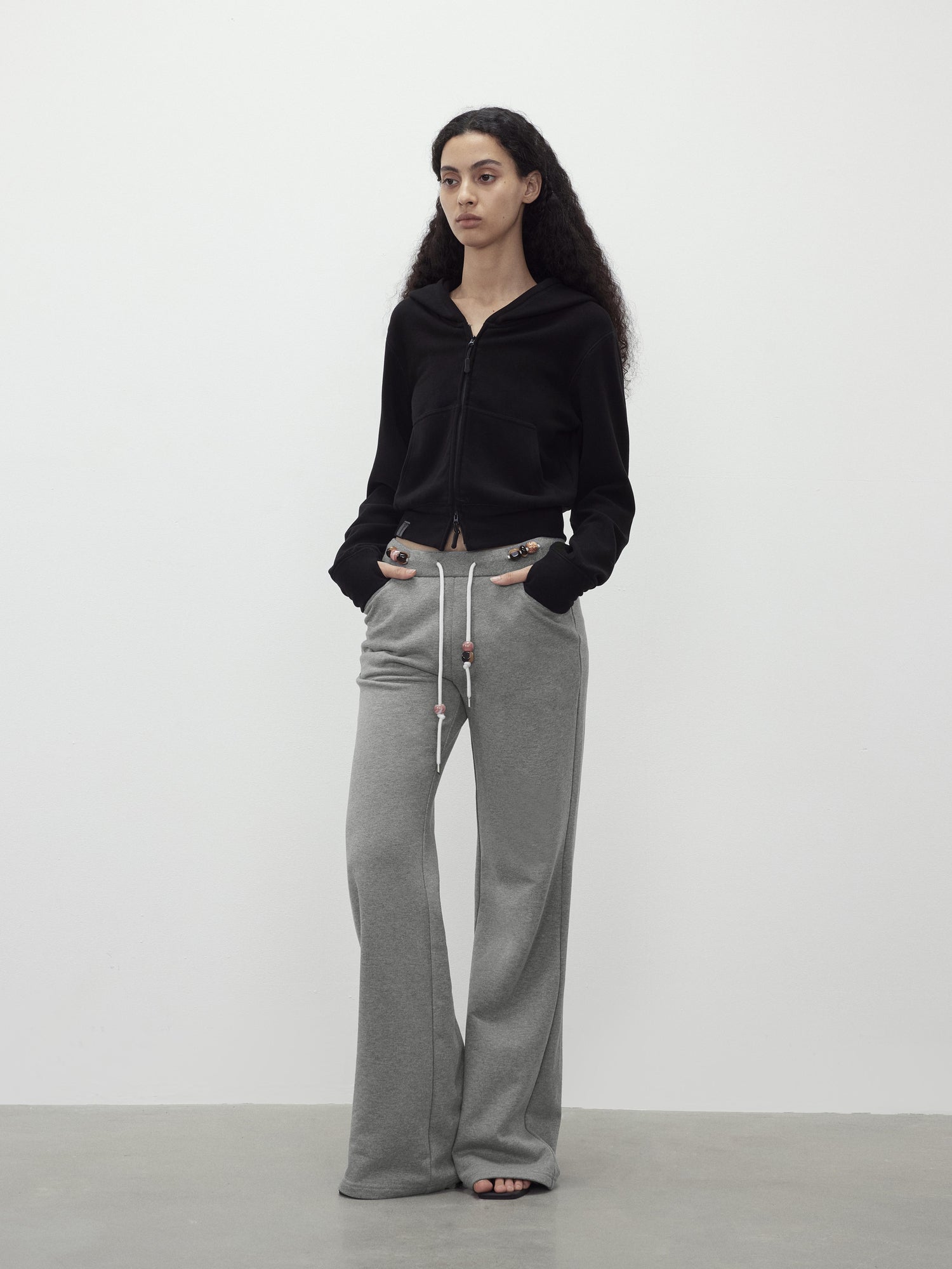 AFTADAWN Low Rise Soft Cotton Flared Joggers with Beaded Drawstring