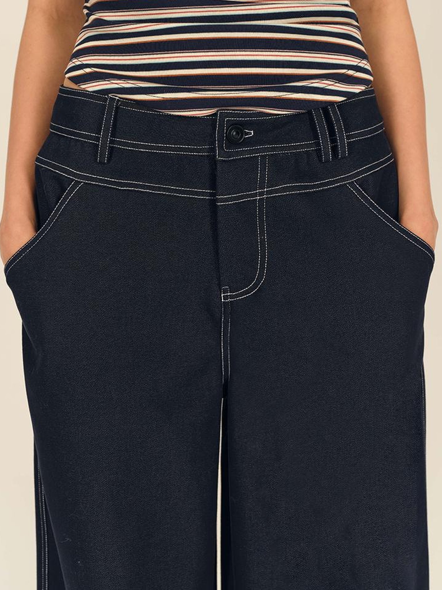 AFTADAWN Low Rise Split Waist Blue Denim Wide Leg Trousers