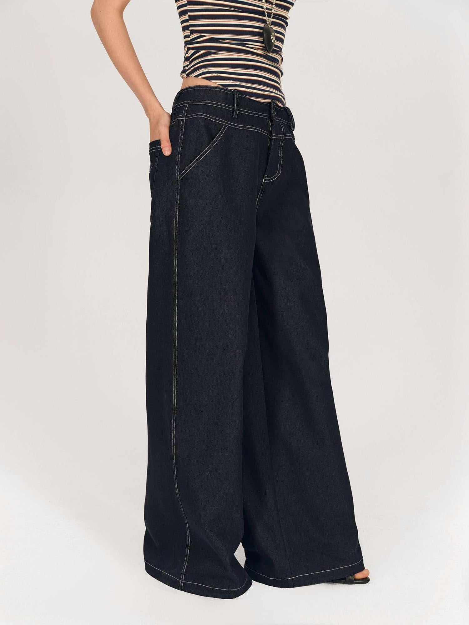 AFTADAWN Low Rise Split Waist Blue Denim Wide Leg Trousers
