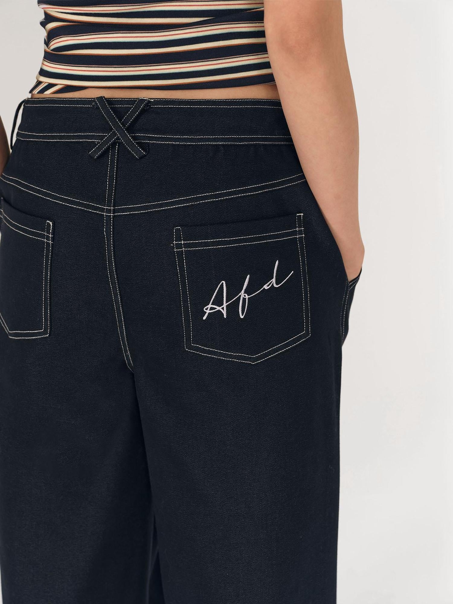 AFTADAWN Low Rise Split Waist Blue Denim Wide Leg Trousers