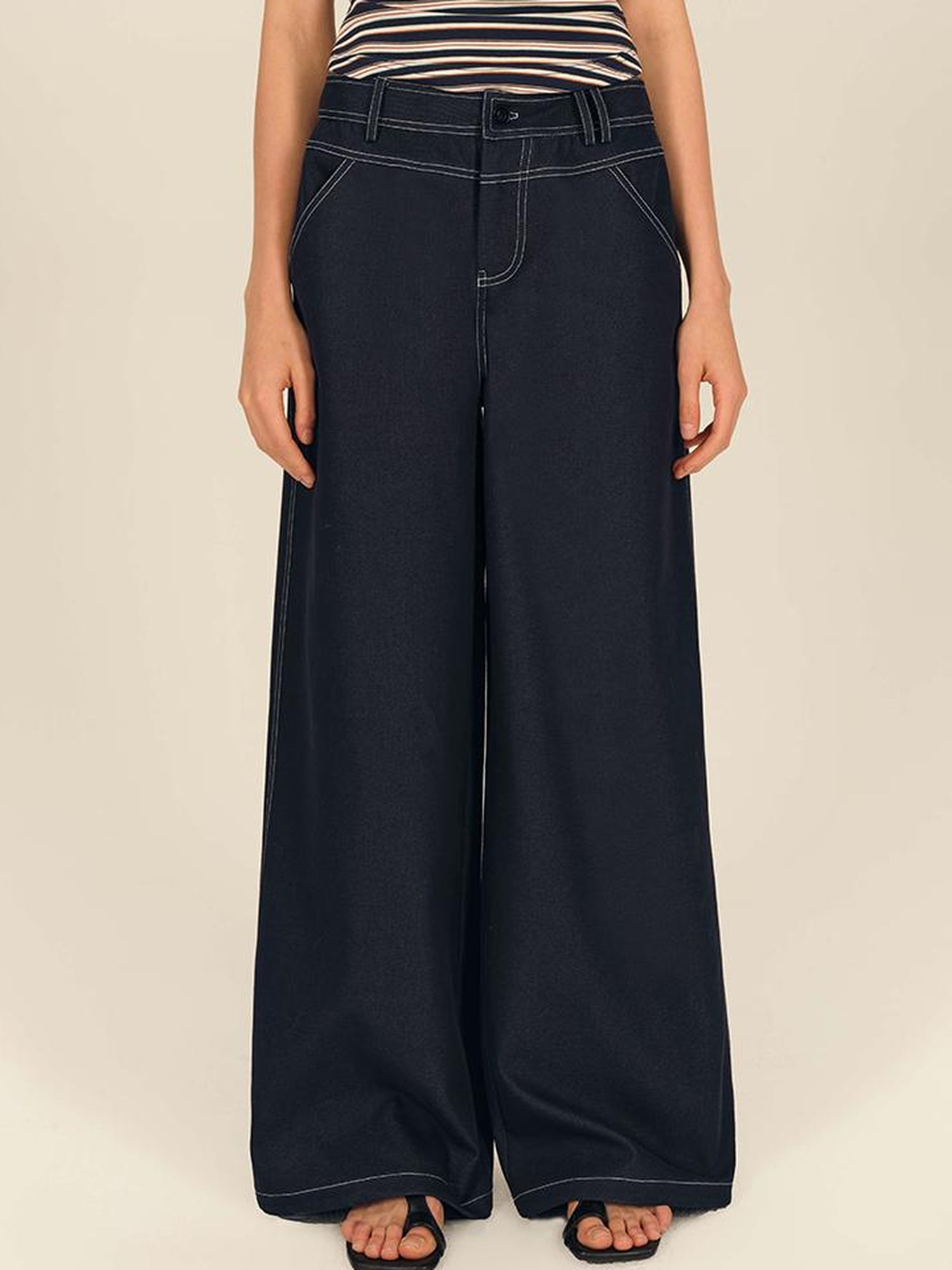 AFTADAWN Low Rise Split Waist Blue Denim Wide Leg Trousers