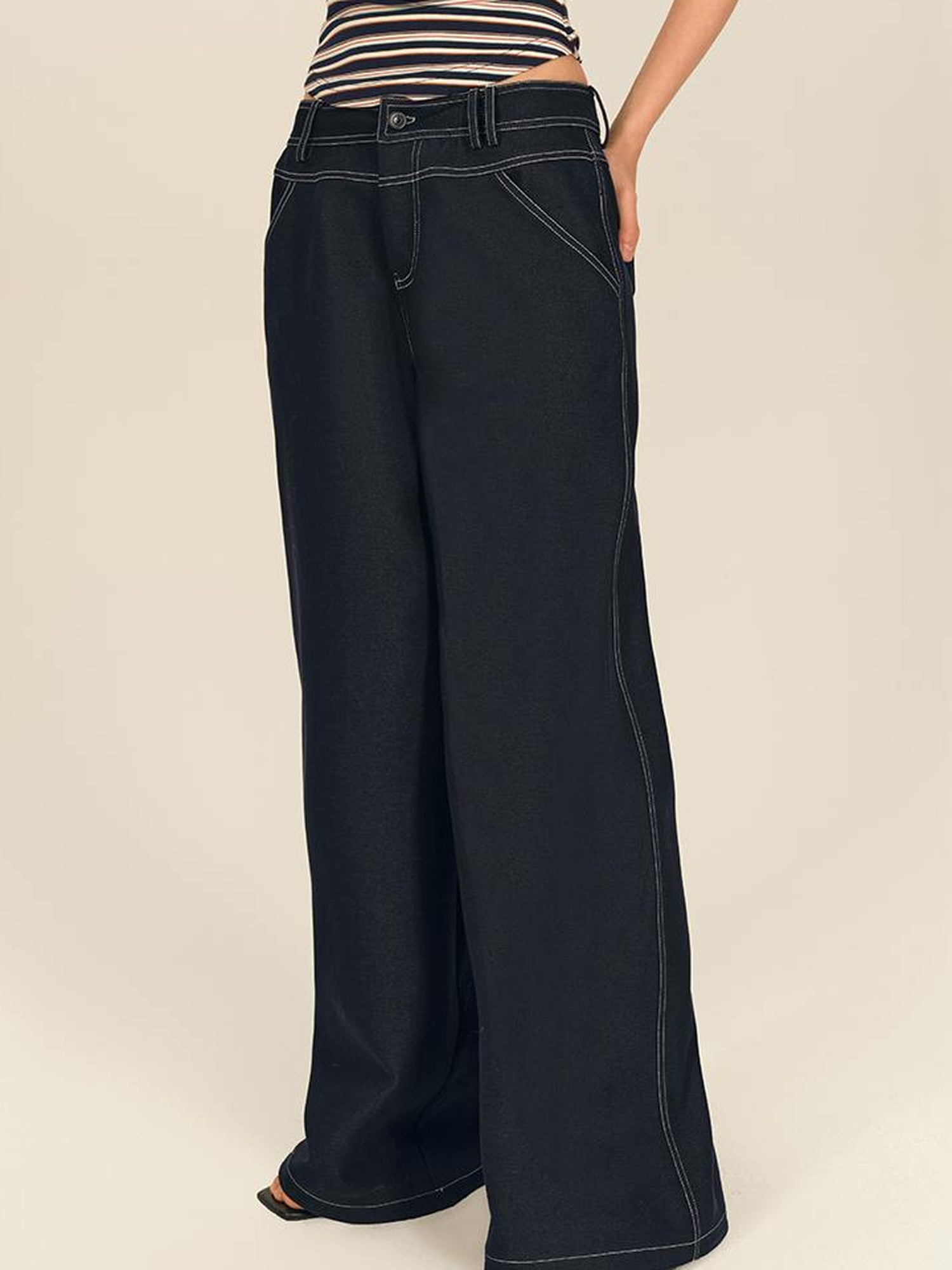 AFTADAWN Low Rise Split Waist Blue Denim Wide Leg Trousers