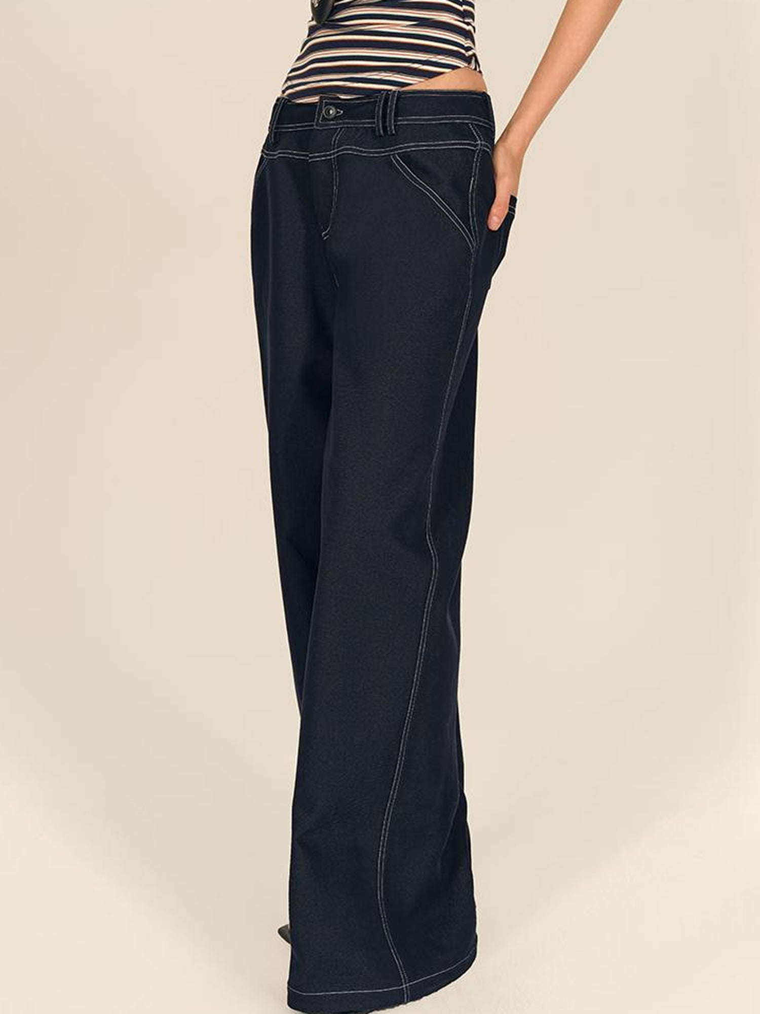 AFTADAWN Low Rise Split Waist Blue Denim Wide Leg Trousers