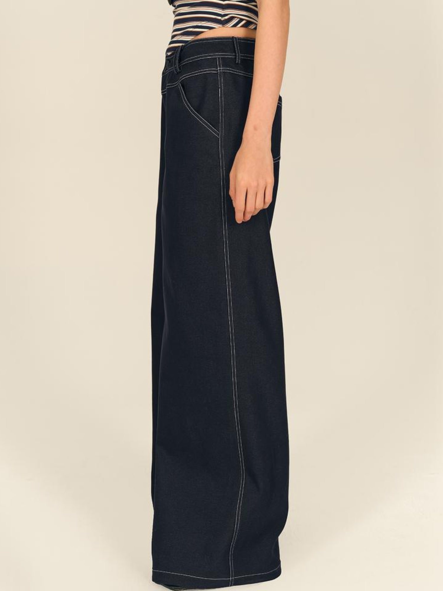 AFTADAWN Low Rise Split Waist Blue Denim Wide Leg Trousers