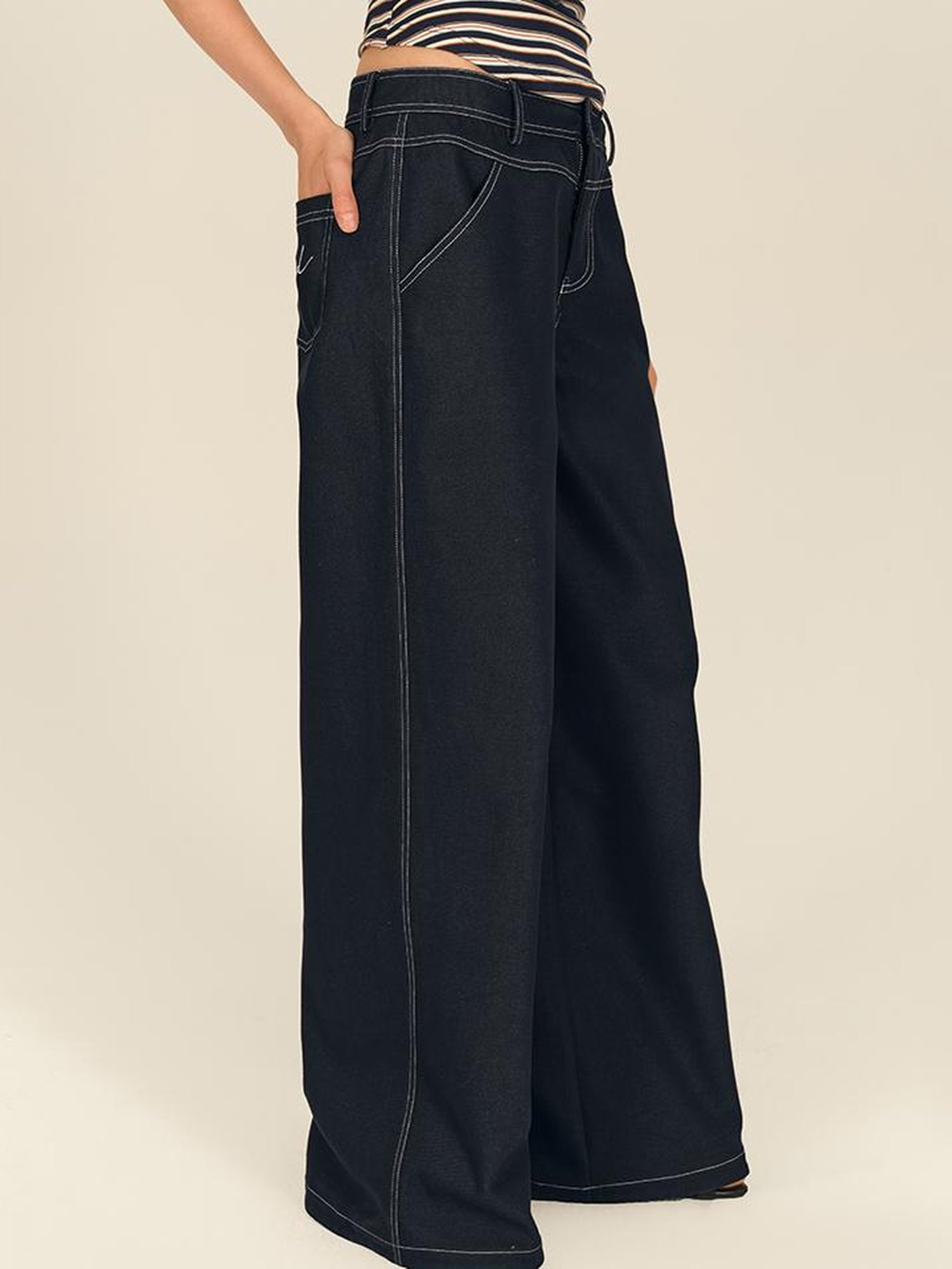 AFTADAWN Low Rise Split Waist Blue Denim Wide Leg Trousers