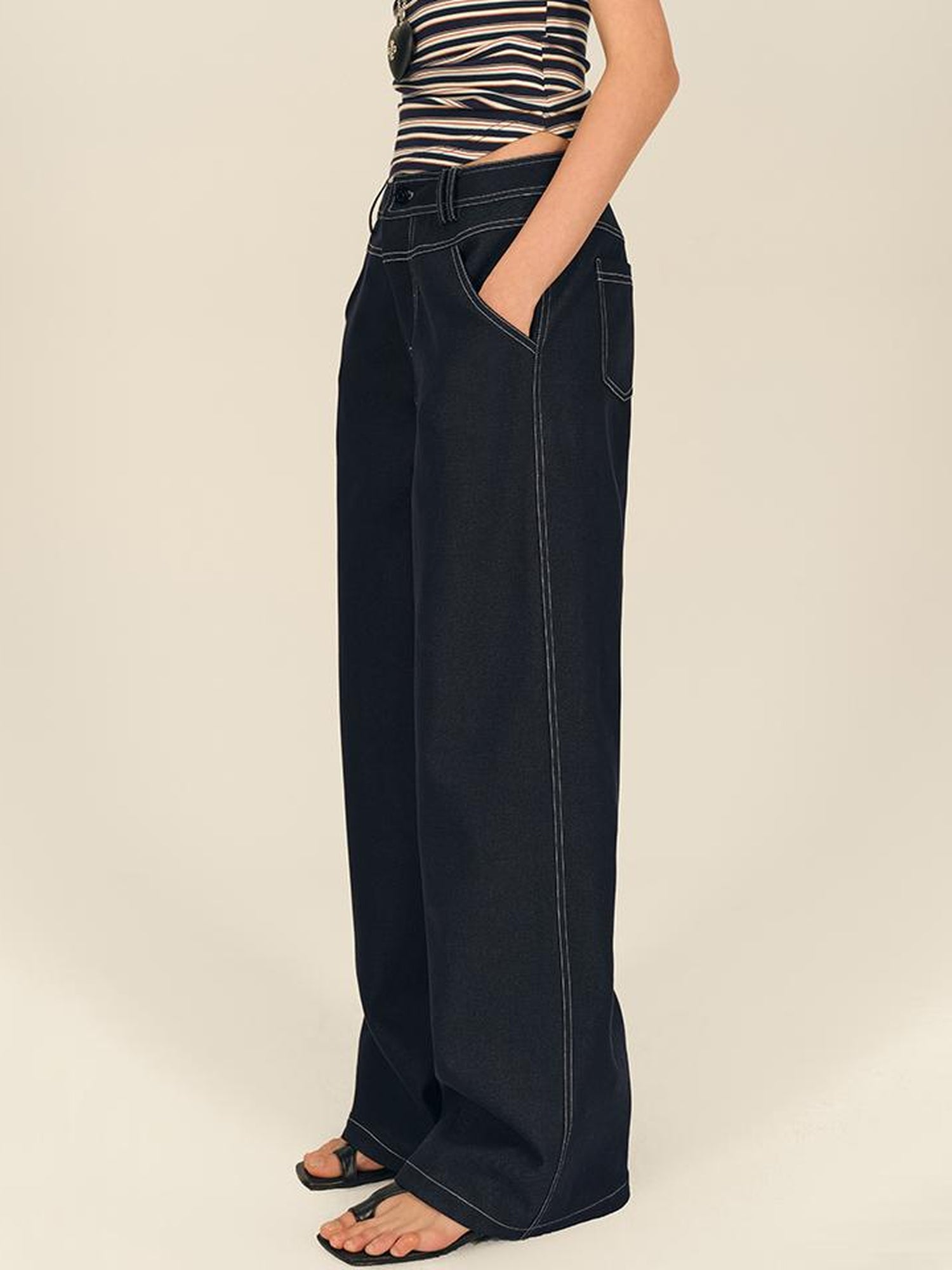 AFTADAWN Low Rise Split Waist Blue Denim Wide Leg Trousers