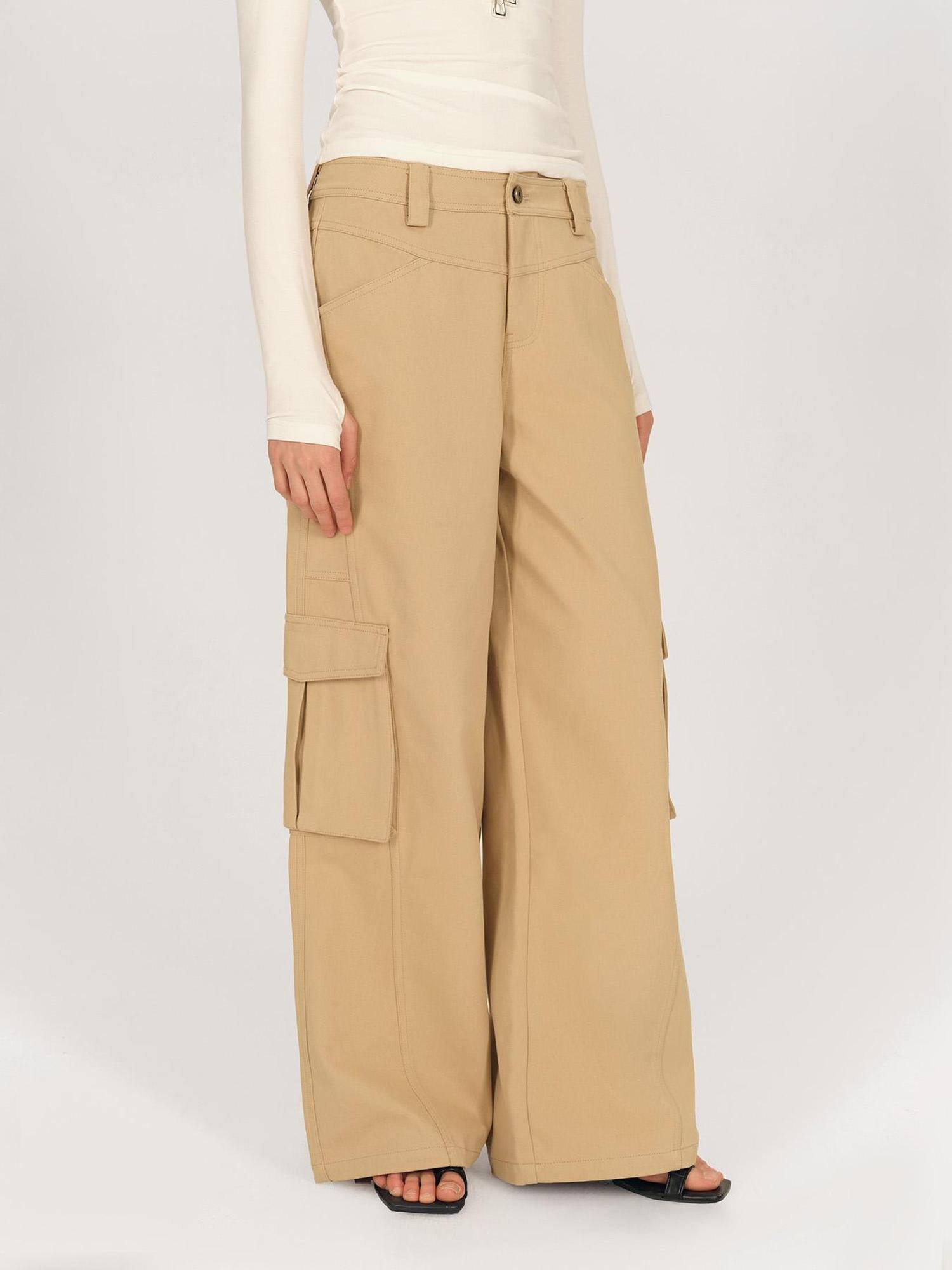 AFTADAWN Low Rise Wide Leg Cargo Pants With Deconstructed Pocket