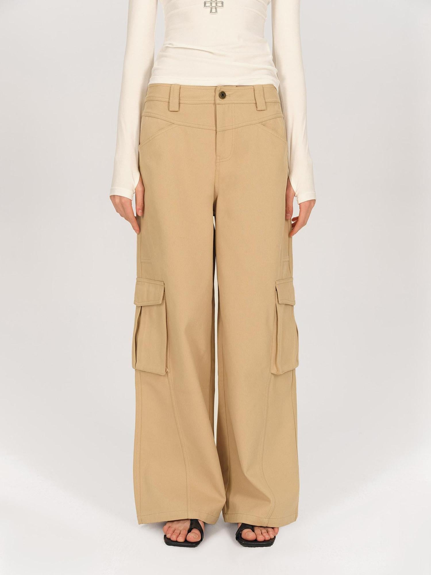 AFTADAWN Low Rise Wide Leg Cargo Pants With Deconstructed Pocket