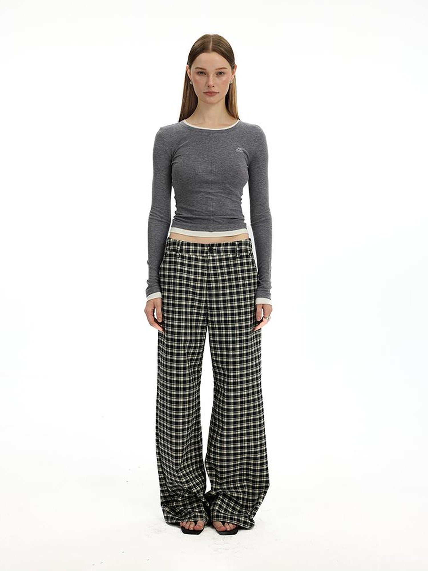 AFTADAWN Low Waist Lyocell Checkered Wide Leg Pants With Dropped Crotch