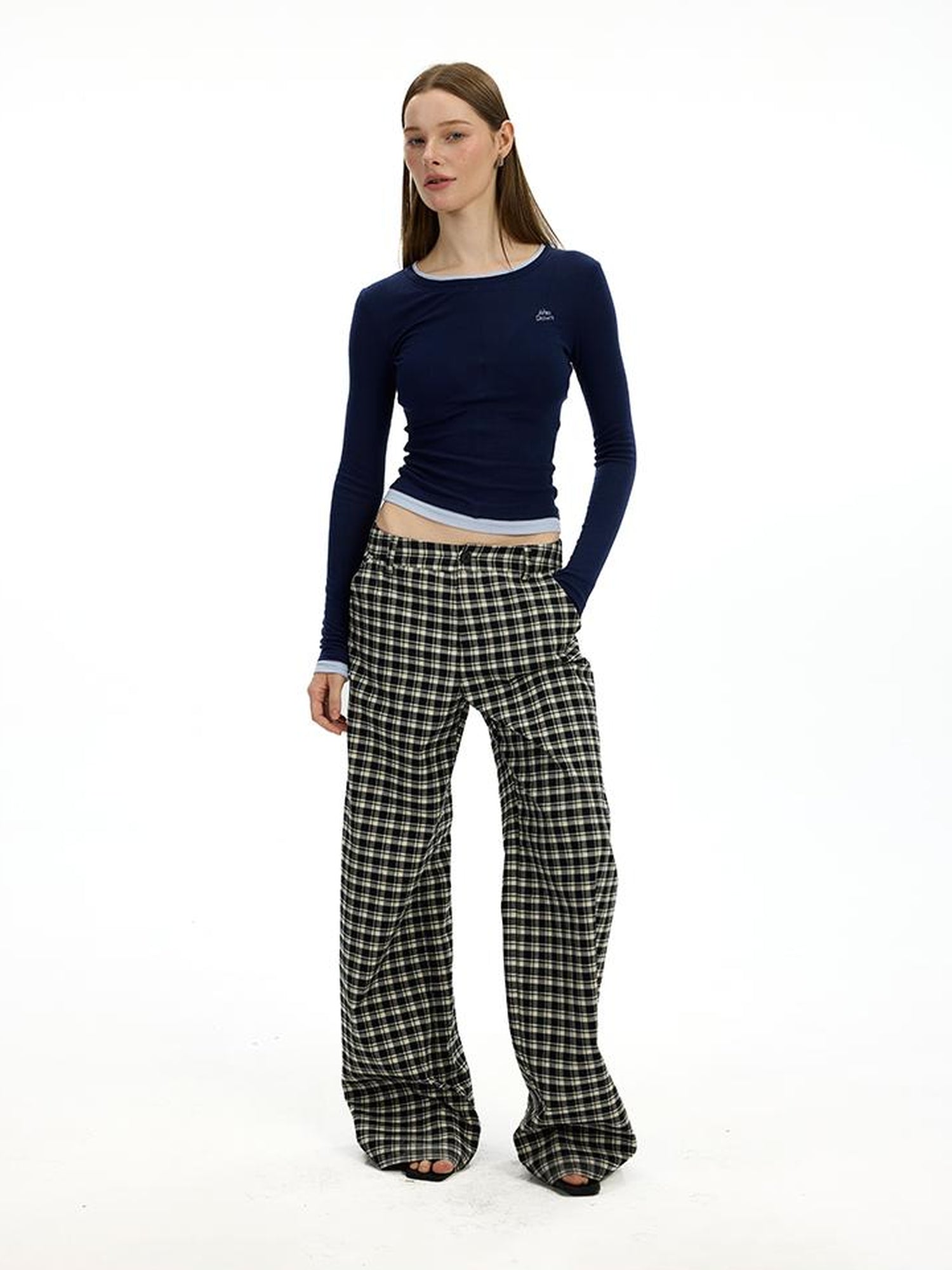 AFTADAWN Low Waist Lyocell Checkered Wide Leg Pants With Dropped Crotch