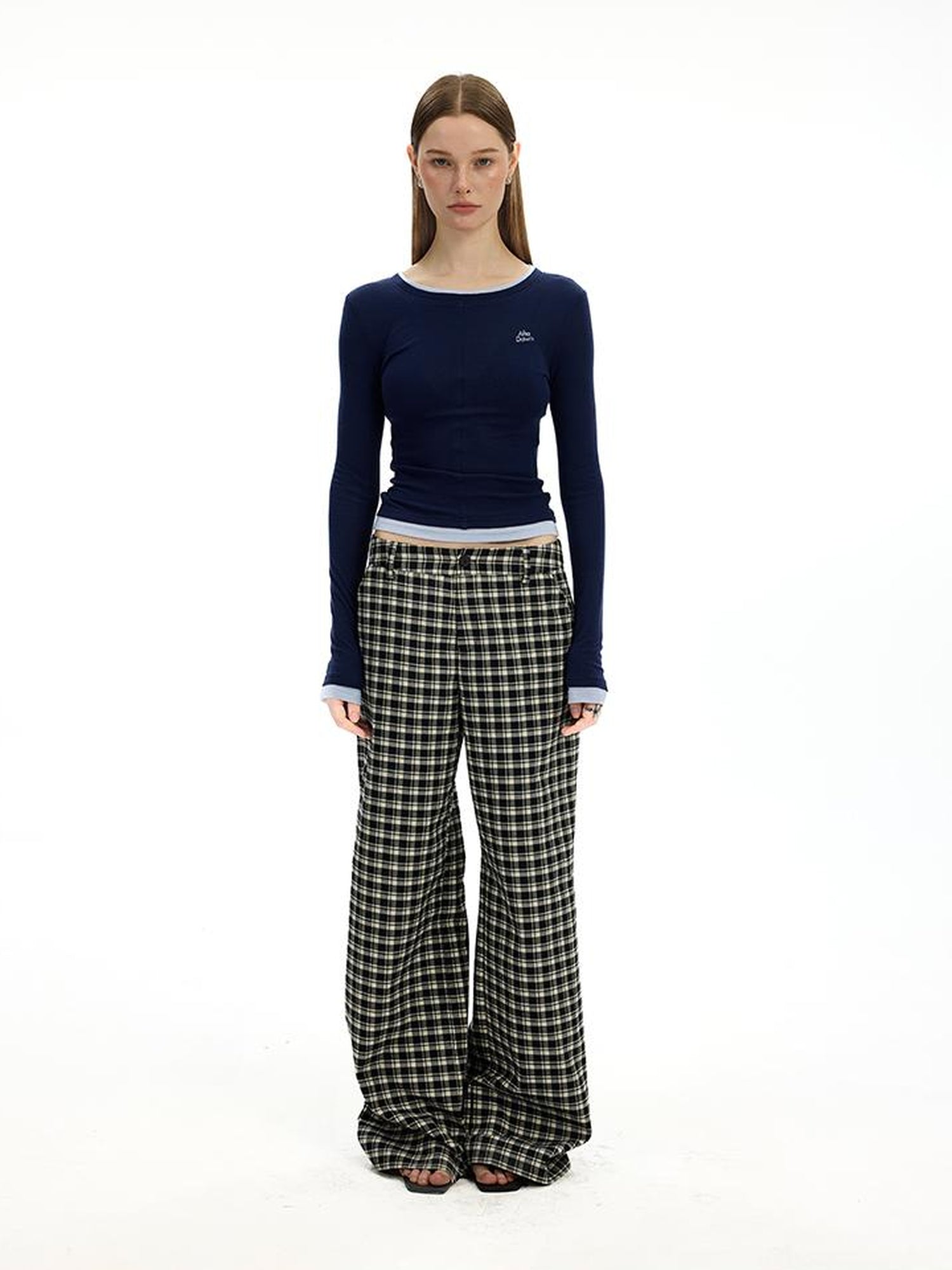 AFTADAWN Low Waist Lyocell Checkered Wide Leg Pants With Dropped Crotch