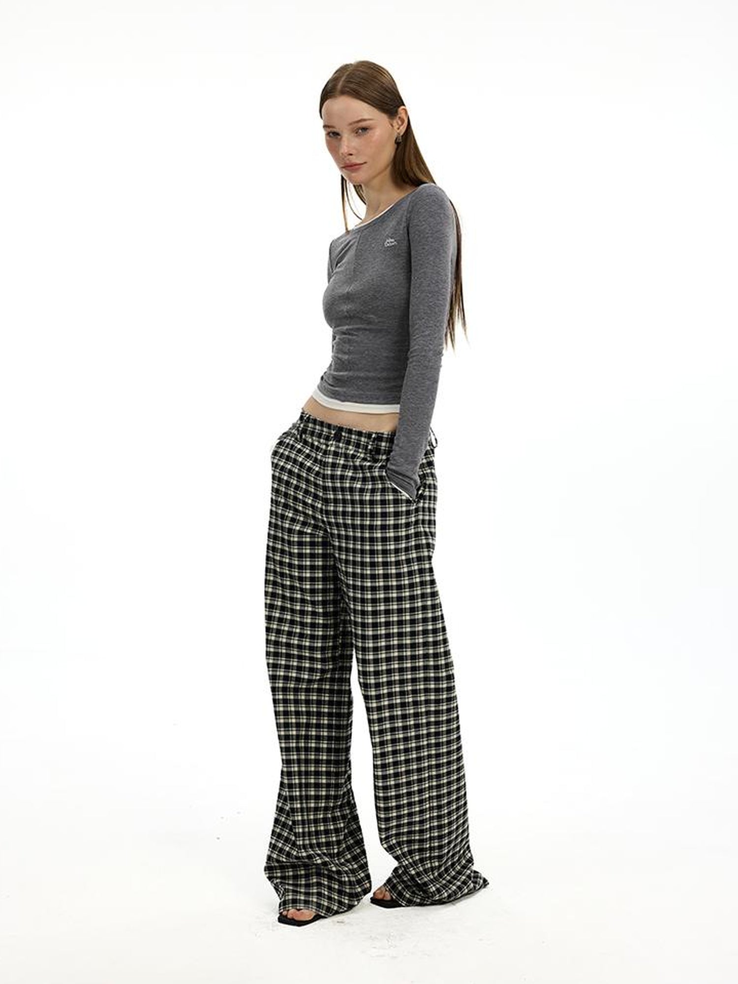 AFTADAWN Low Waist Lyocell Checkered Wide Leg Pants With Dropped Crotch