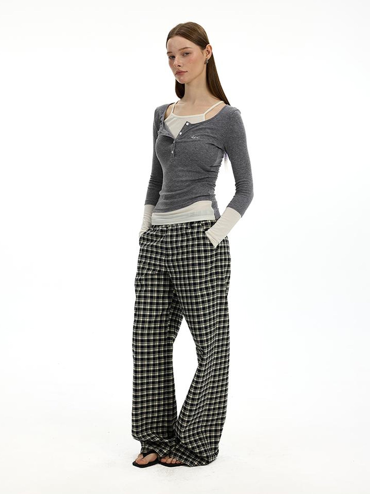AFTADAWN Low Waist Lyocell Checkered Wide Leg Pants With Dropped Crotch