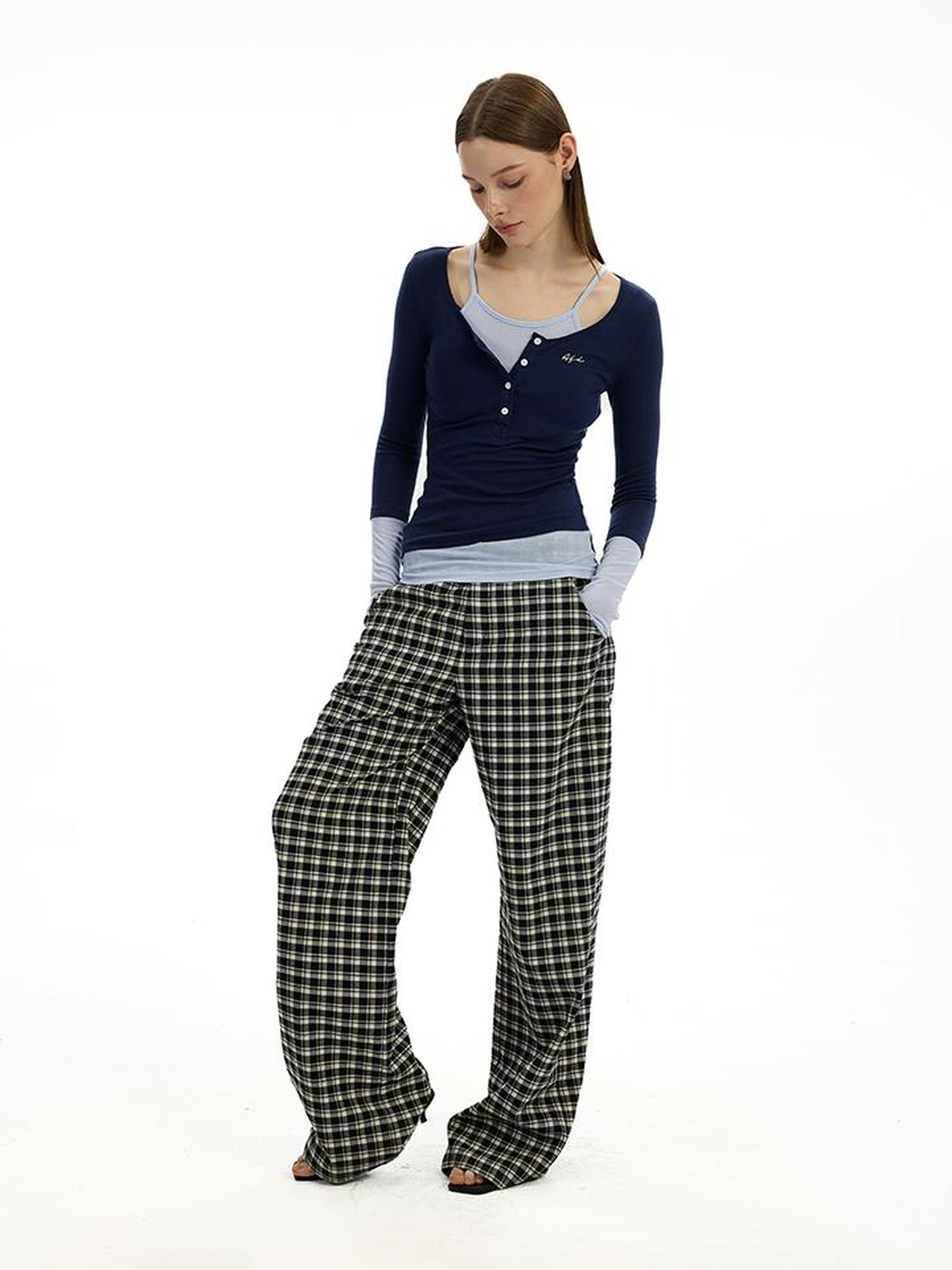 AFTADAWN Low Waist Lyocell Checkered Wide Leg Pants With Dropped Crotch