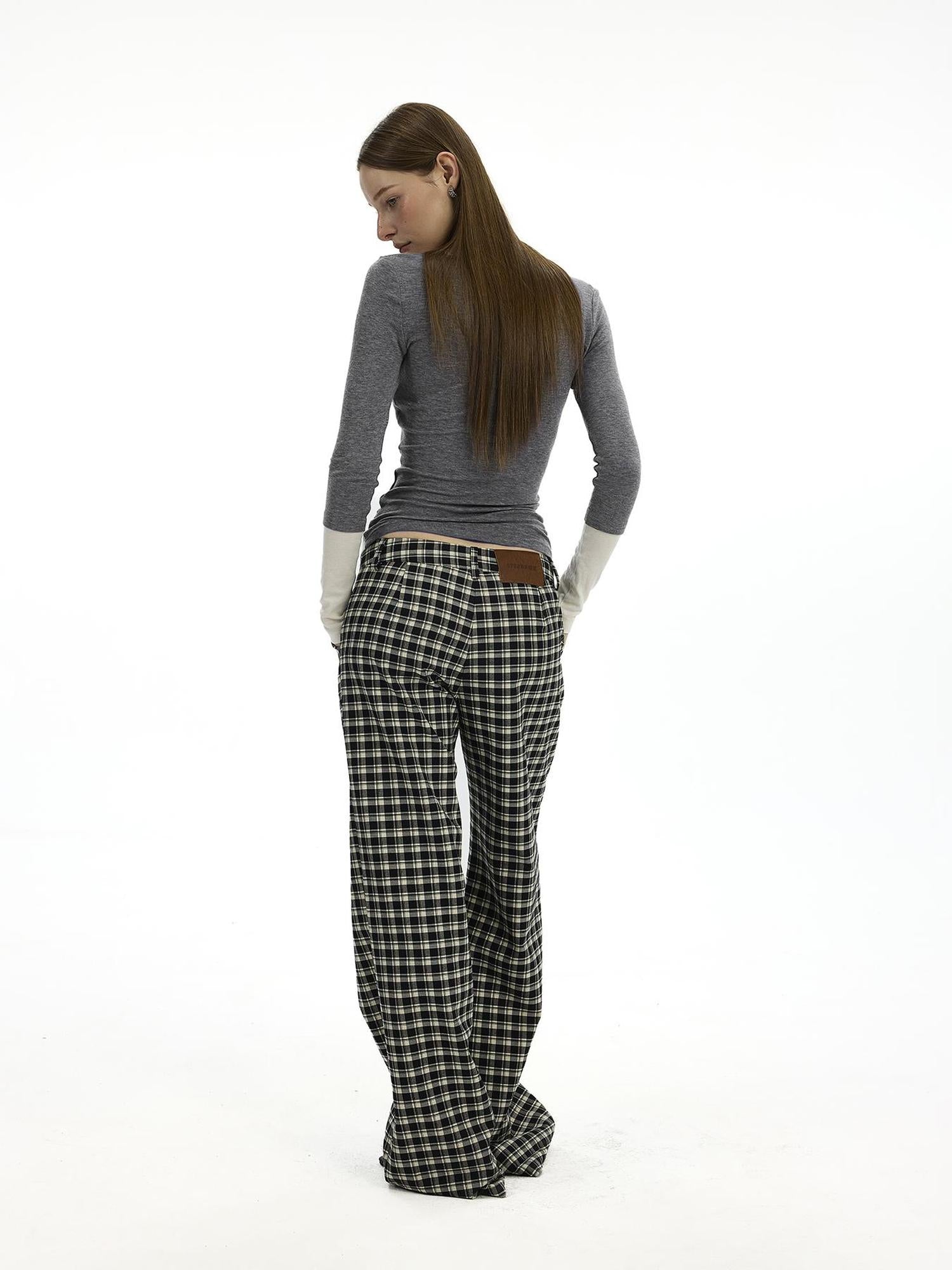 AFTADAWN Low Waist Lyocell Checkered Wide Leg Pants With Dropped Crotch