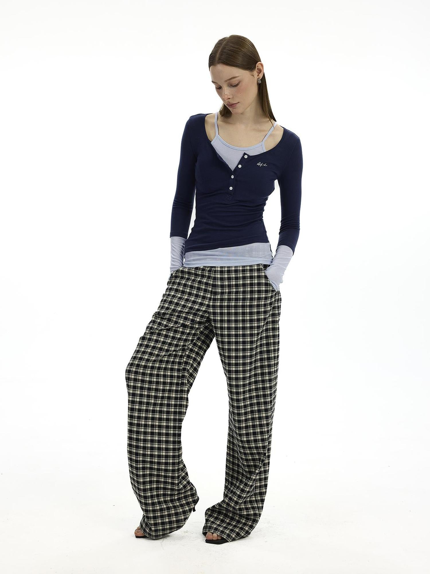 AFTADAWN Low Waist Lyocell Checkered Wide Leg Pants With Dropped Crotch