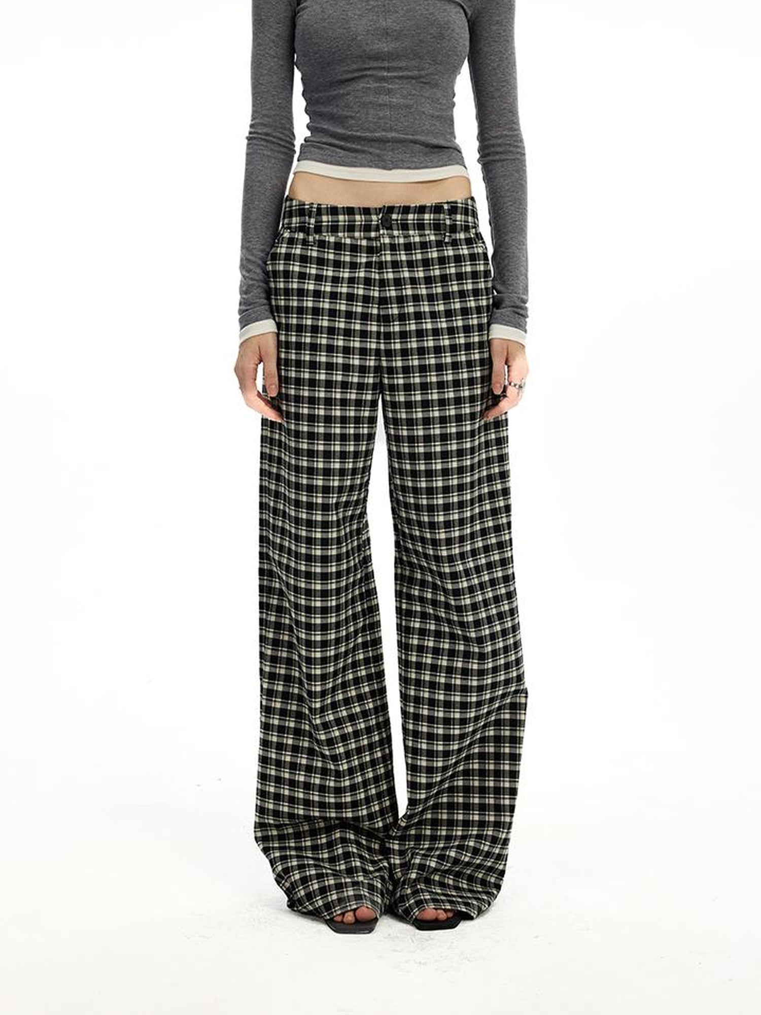 AFTADAWN Low Waist Lyocell Checkered Wide Leg Pants With Dropped Crotch