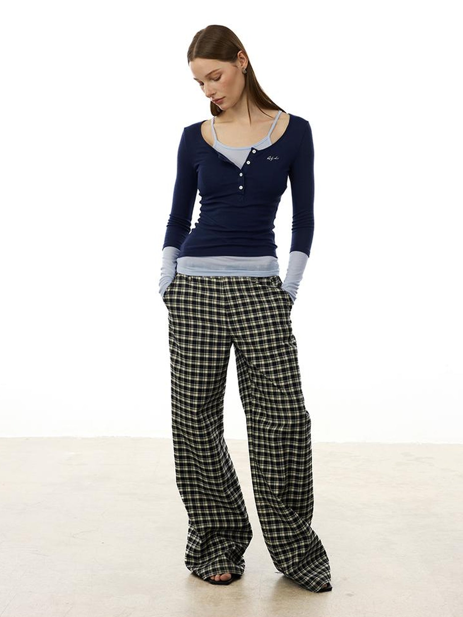 AFTADAWN Low Waist Lyocell Checkered Wide Leg Pants With Dropped Crotch