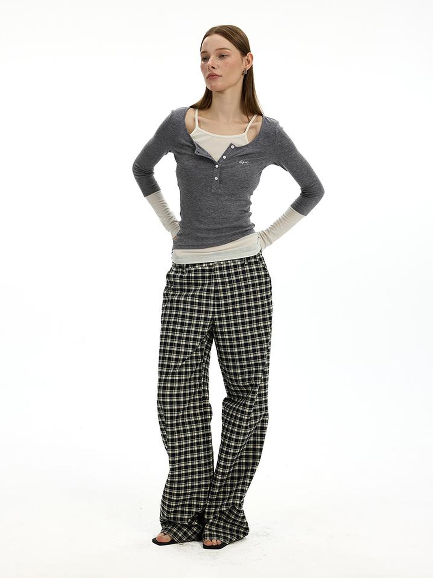 AFTADAWN Low Waist Lyocell Checkered Wide Leg Pants With Dropped Crotch