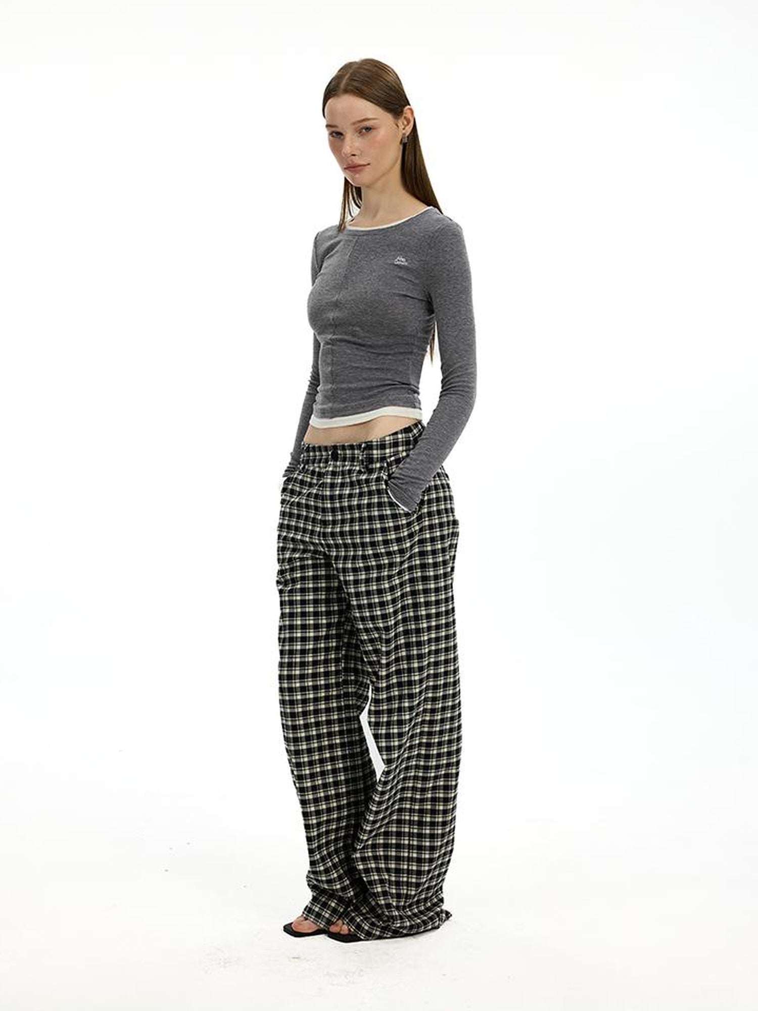 AFTADAWN Low Waist Lyocell Checkered Wide Leg Pants With Dropped Crotch