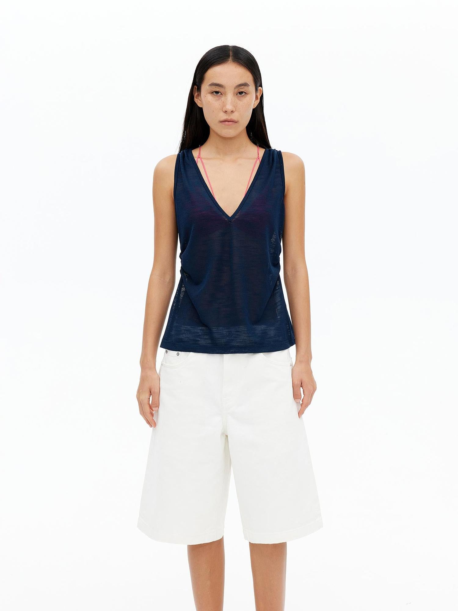 AFTADAWN Lycocell Deep V-neck Hollow Out Knit Sleeveless Vest