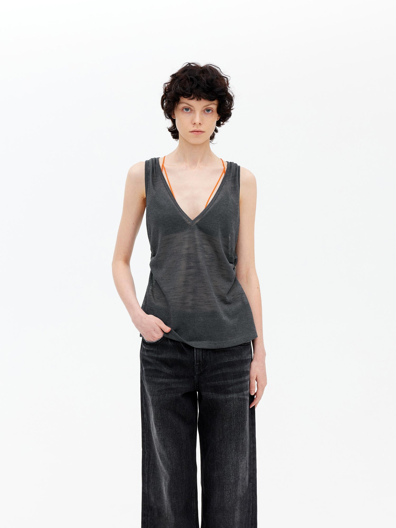 AFTADAWN Lycocell Deep V-neck Hollow Out Knit Sleeveless Vest