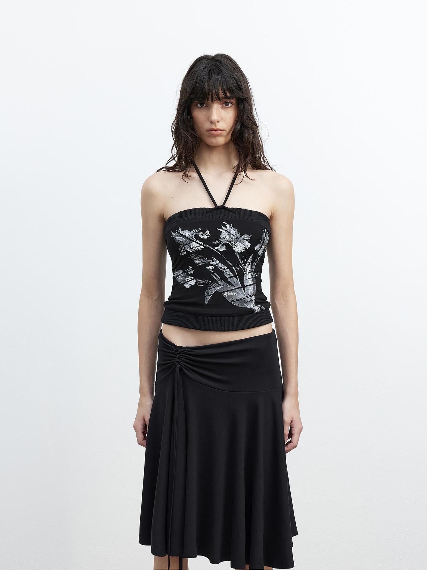 AFTADAWN Lycocell Ribbed Lace Up Floral Print Fitted Camisole Top