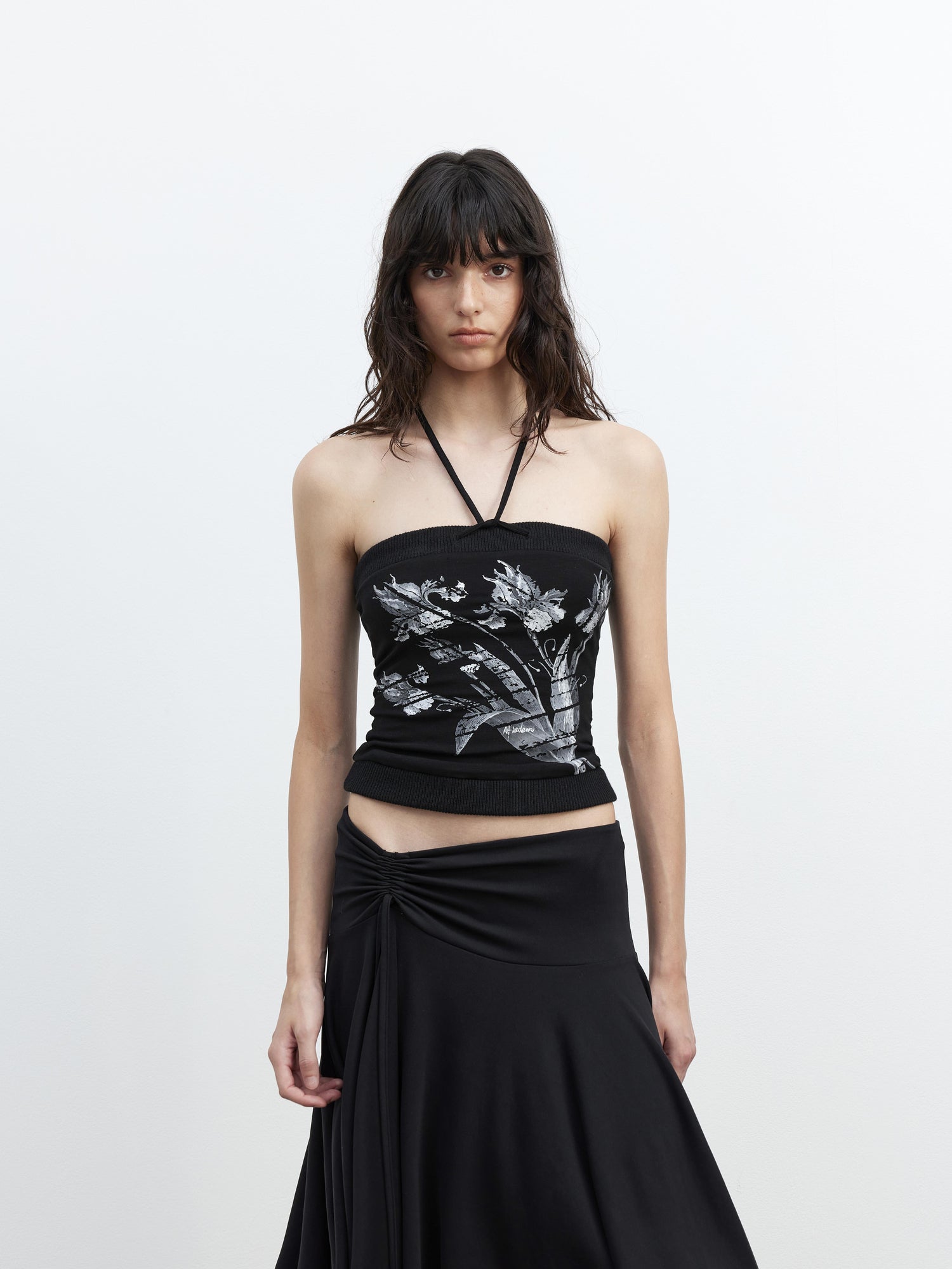 AFTADAWN Lycocell Ribbed Lace Up Floral Print Fitted Camisole Top