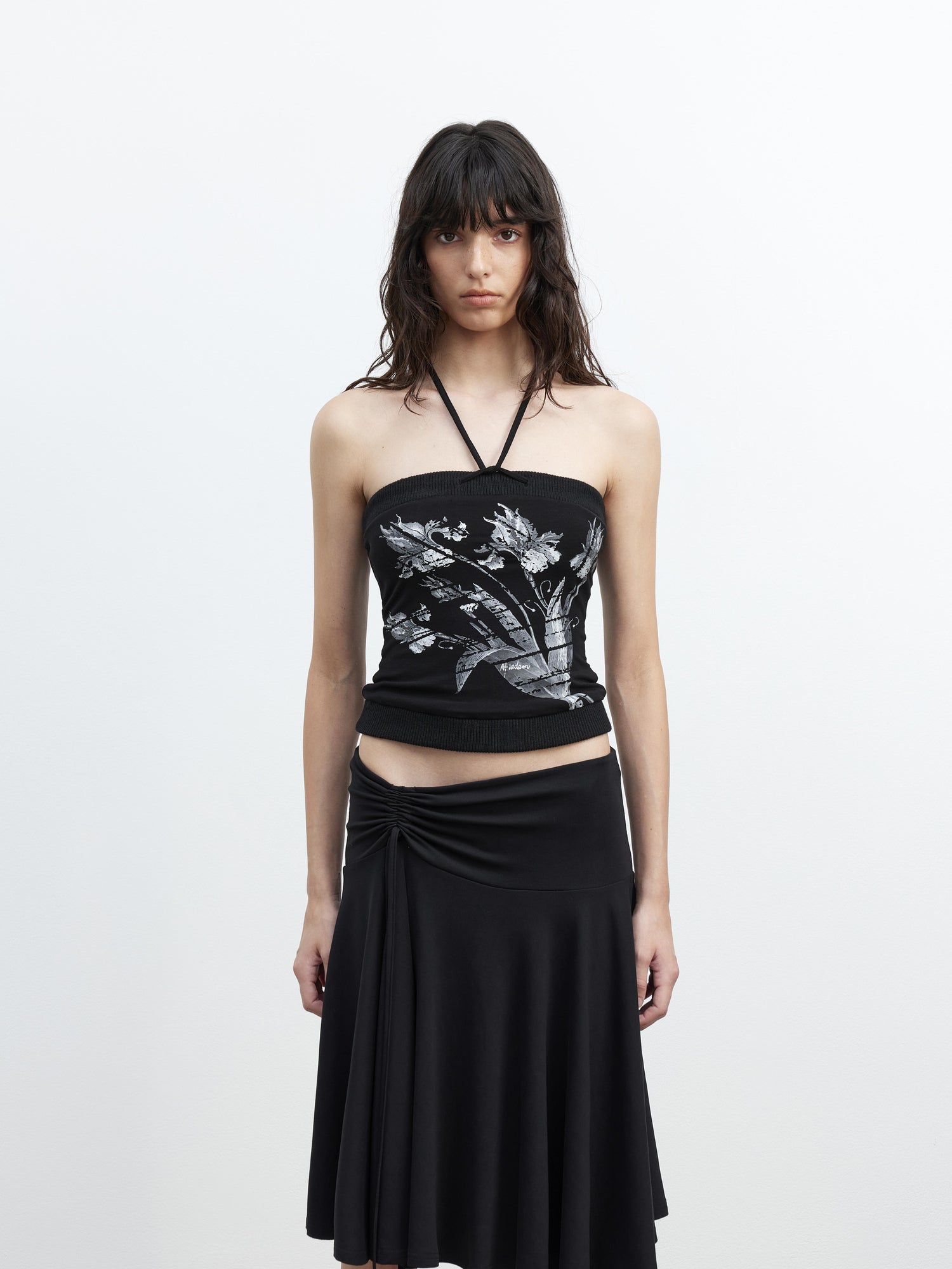 AFTADAWN Lycocell Ribbed Lace Up Floral Print Fitted Camisole Top