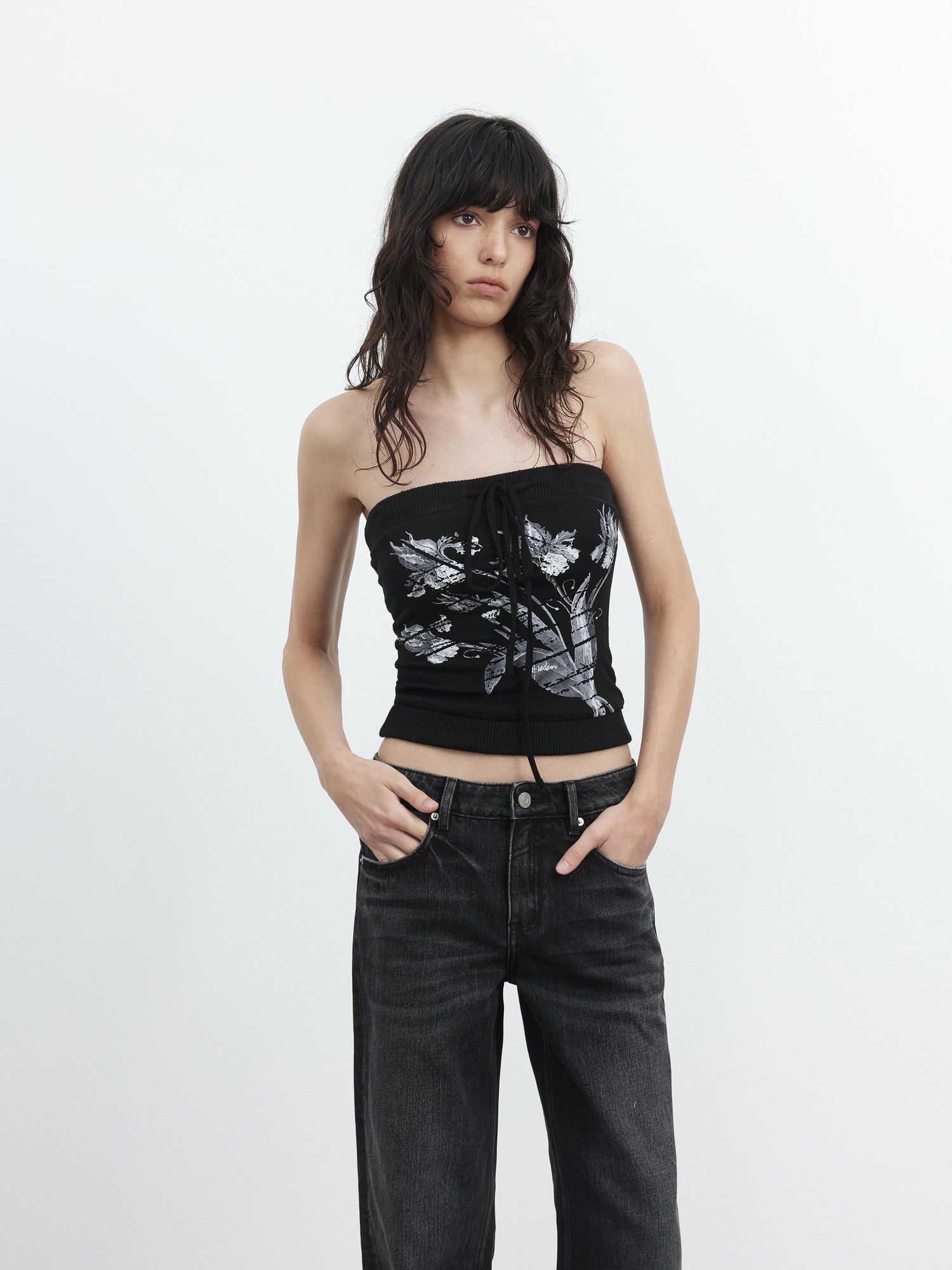 AFTADAWN Lycocell Ribbed Lace Up Floral Print Fitted Camisole Top